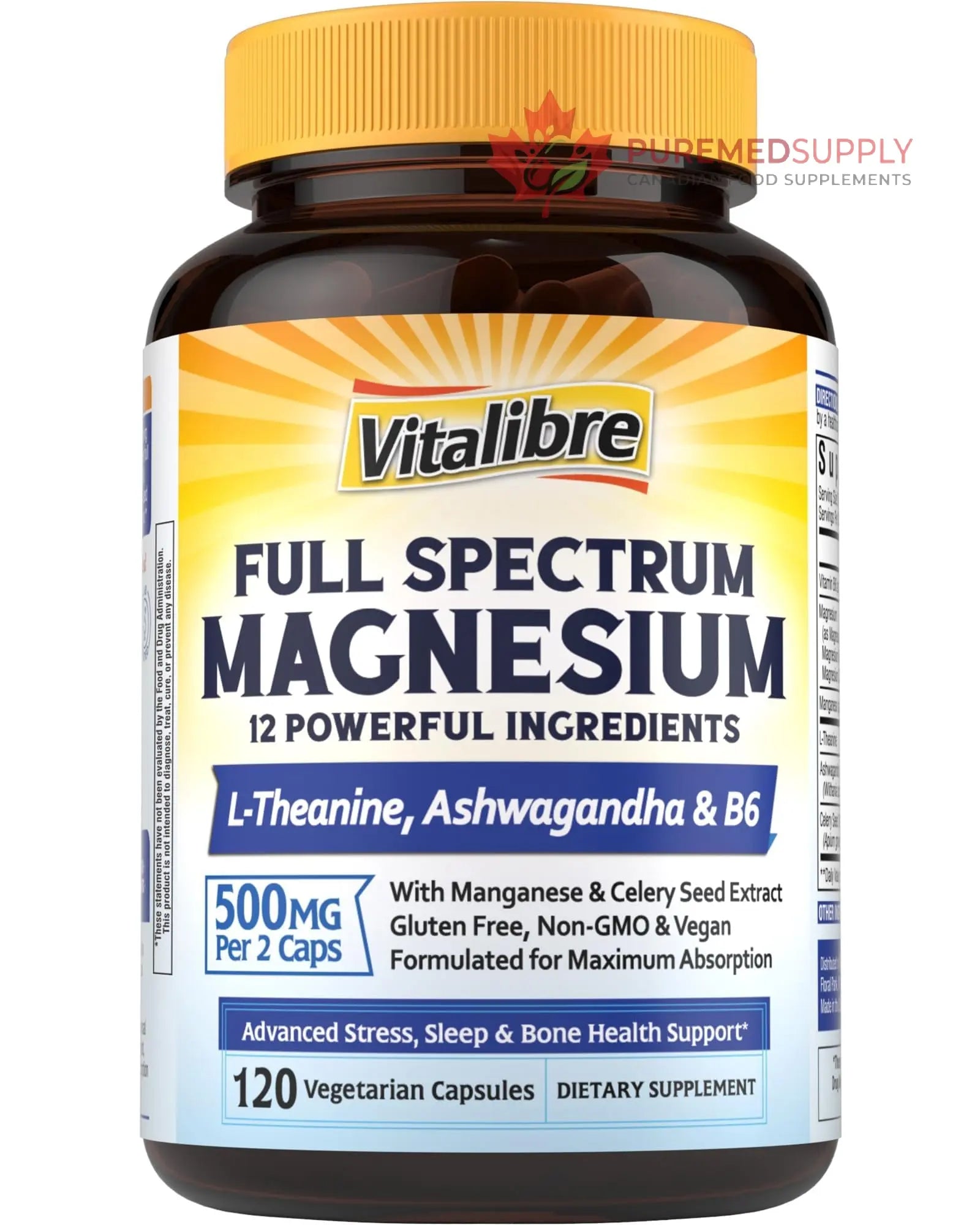 Vitalibre Magnesium Complex Supplement 500mg + Ashwagandha, L-Theanine, Vitamin B6 & Celery, High Absorption Magnesium Glycinate, Citrate, Malate, Sleep & Bone Support, 120 Vegan Capsules Vitalibre buy supplements canada