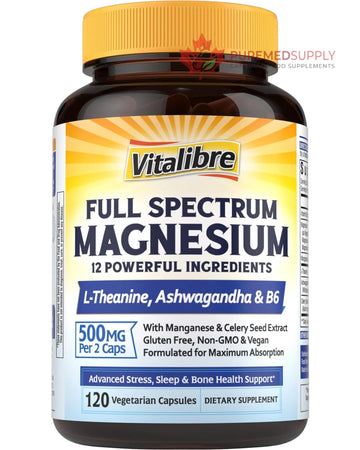 Vitalibre Magnesium Complex Supplement 500mg + Ashwagandha, L-Theanine, Vitamin B6 & Celery, High Absorption Magnesium Glycinate, Citrate, Malate, Sleep & Bone Support, 120 Vegan Capsules Vitalibre buy supplements canada