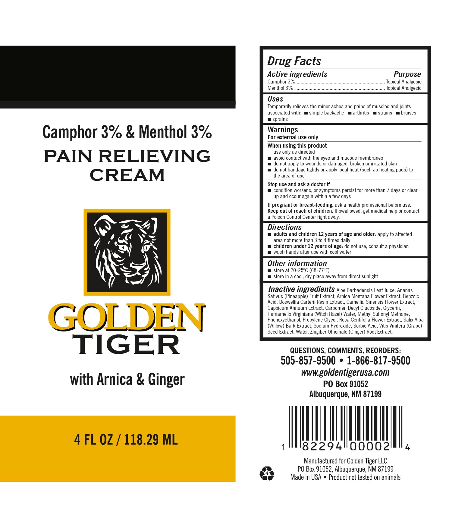 Golden Tiger Pain Relief Cream - 4 oz Tube Golden Tiger buy supplements canada
