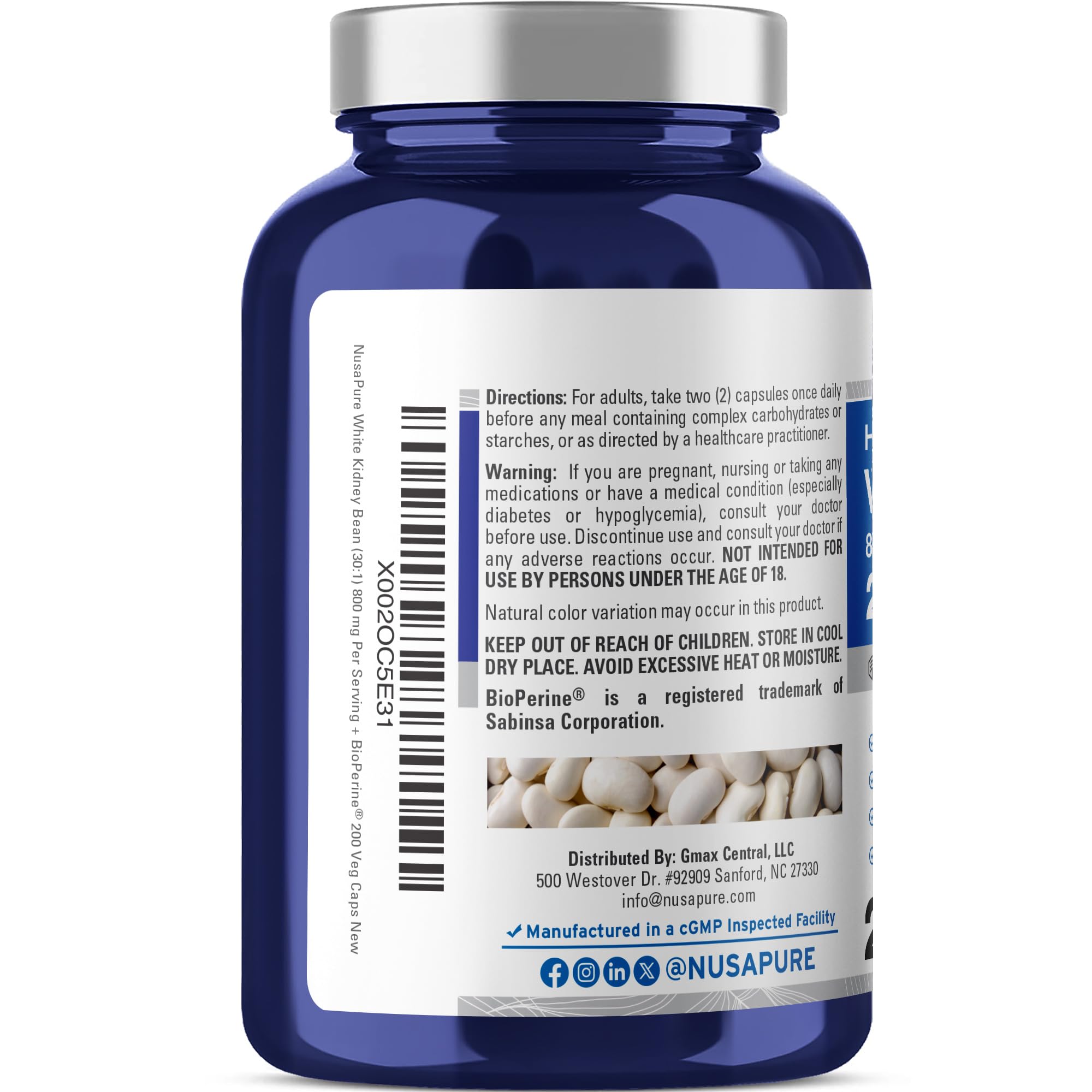 NusaPure White Kidney Beans 30:1 Extract, 800 mg Equivalent to 24,000 mg 200 Vegan Capsules - Bioperine - (Vegan, Non-GMO) NusaPure buy supplements canada