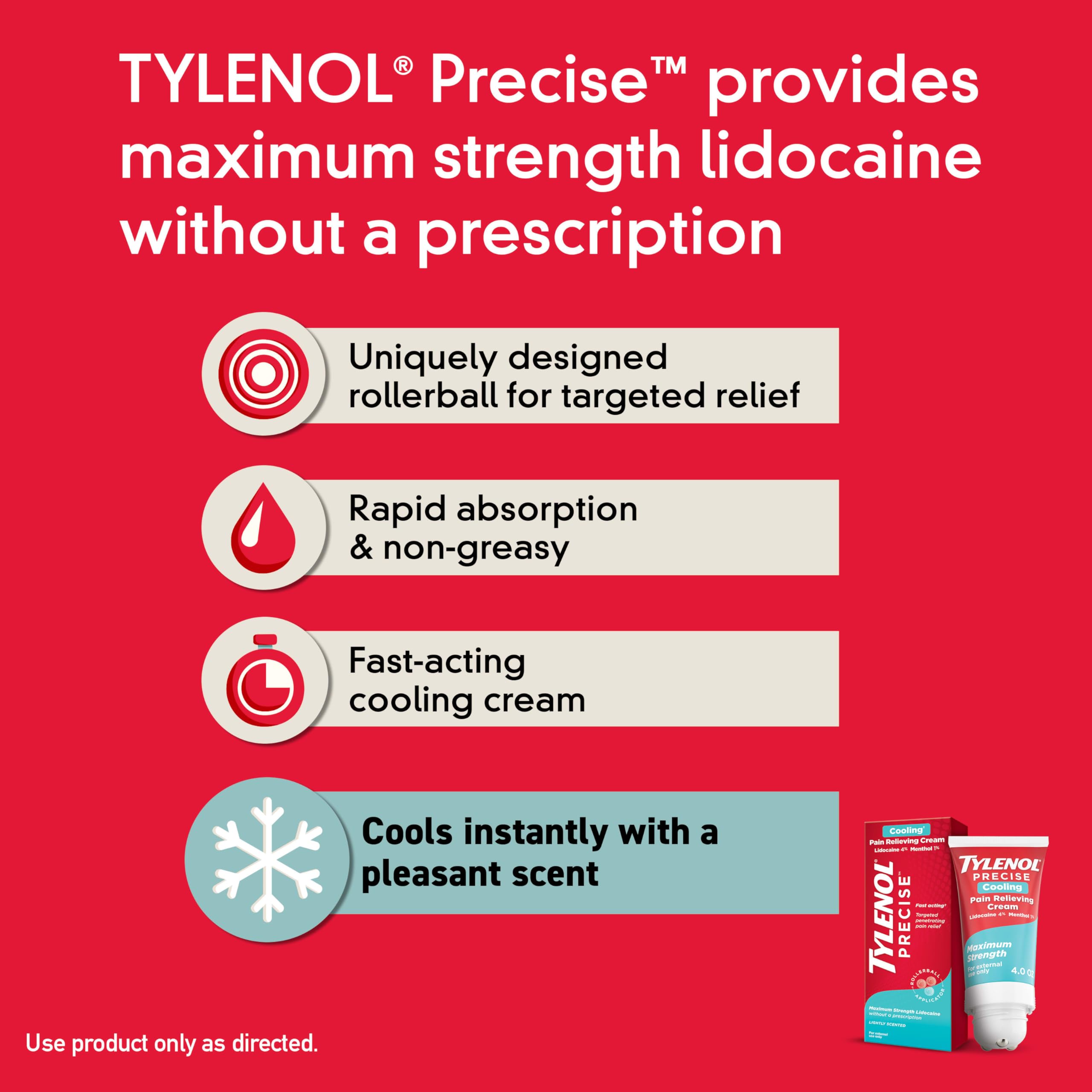 Tylenol Precise Cooling Cream, Strong Pain Relief with Fast-Acting Sensation, 4% Lidocaine, 1% Menthol, Maximum OTC Strength Relief for Back, Muscle & Joint, Numbing Cream Rollerball Applicator, 4 oz Tylenol buy supplements canada