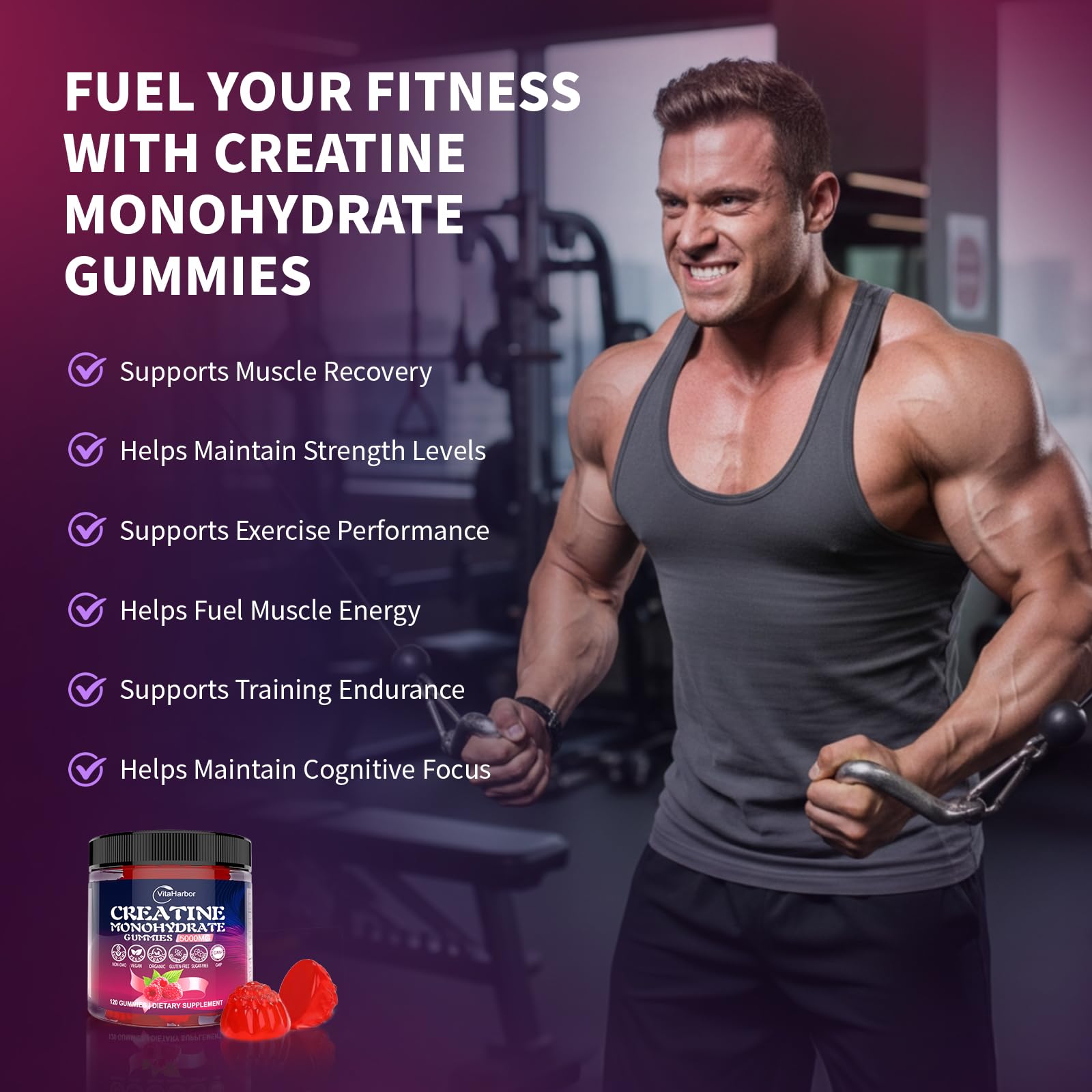 Creatine Monohydrate Gummies 5000mg for Men & Women, Organic Pure Creatine Gummies | Sugar Free,Vegan, Non-GMO,Raspberry Flavor, 120 Count VitaHarbor buy supplements canada