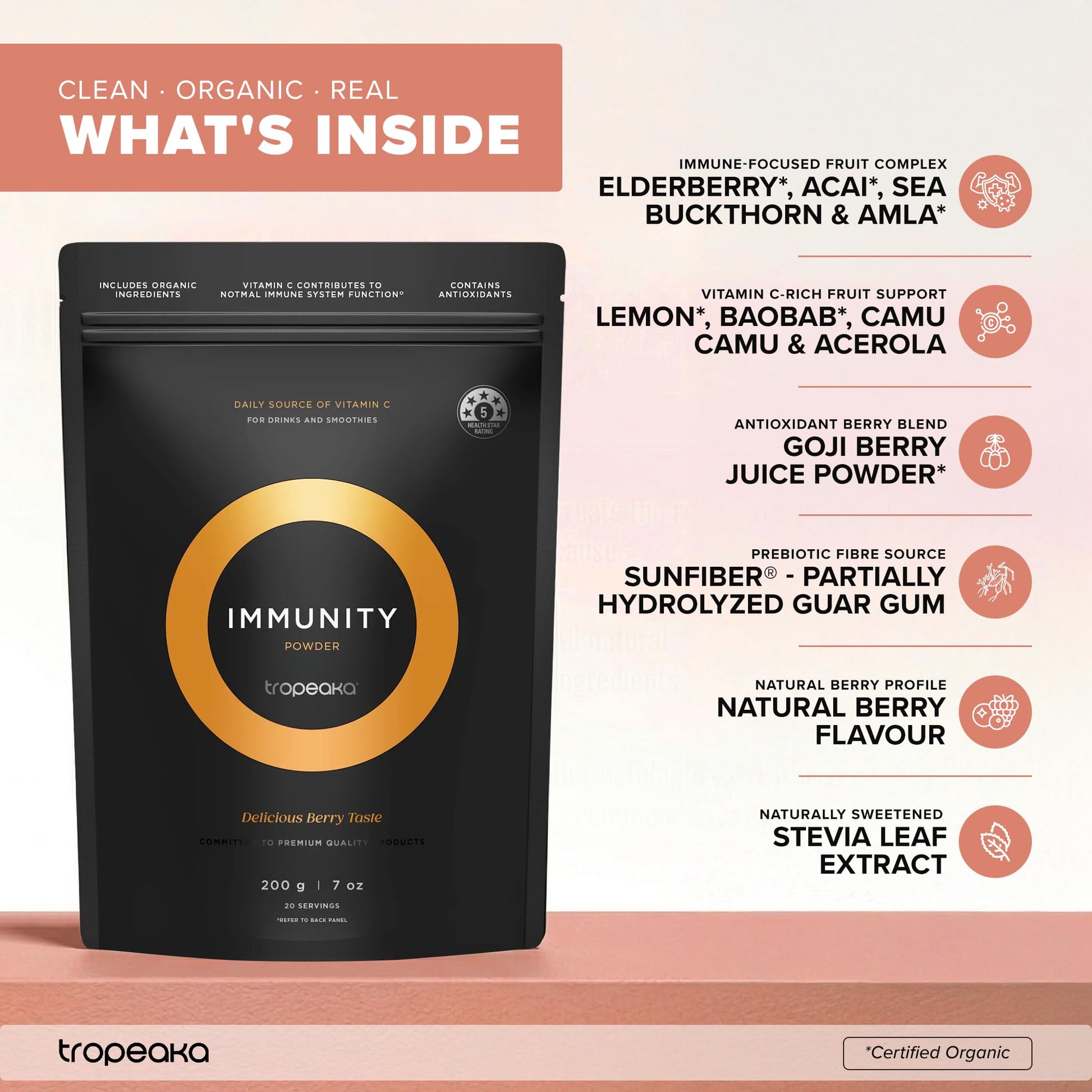 Tropeaka Immunity Powder - Immune Support Supplement, Antioxidant Rich Superfood Powder with Vitamins & Minerals, Boost Energy & Collagen Production - Vegan, Gluten Free, Non-GMO - 7oz (20 Servings) Tropeaka buy supplements canada
