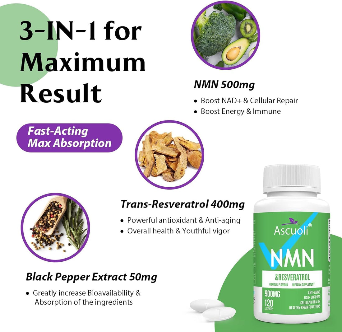 Sublingual NMN 500mg + Trans-Resveratrol 400mg, 3-in-1 Advanced Formula 99% Pure NMN Resveratrol Supplement for Boost* NAD, Cell, Immune, Energy & Muscle, Anti-Aging, 120 Lozenges, 120-Day Supply Ascuoli buy supplements canada