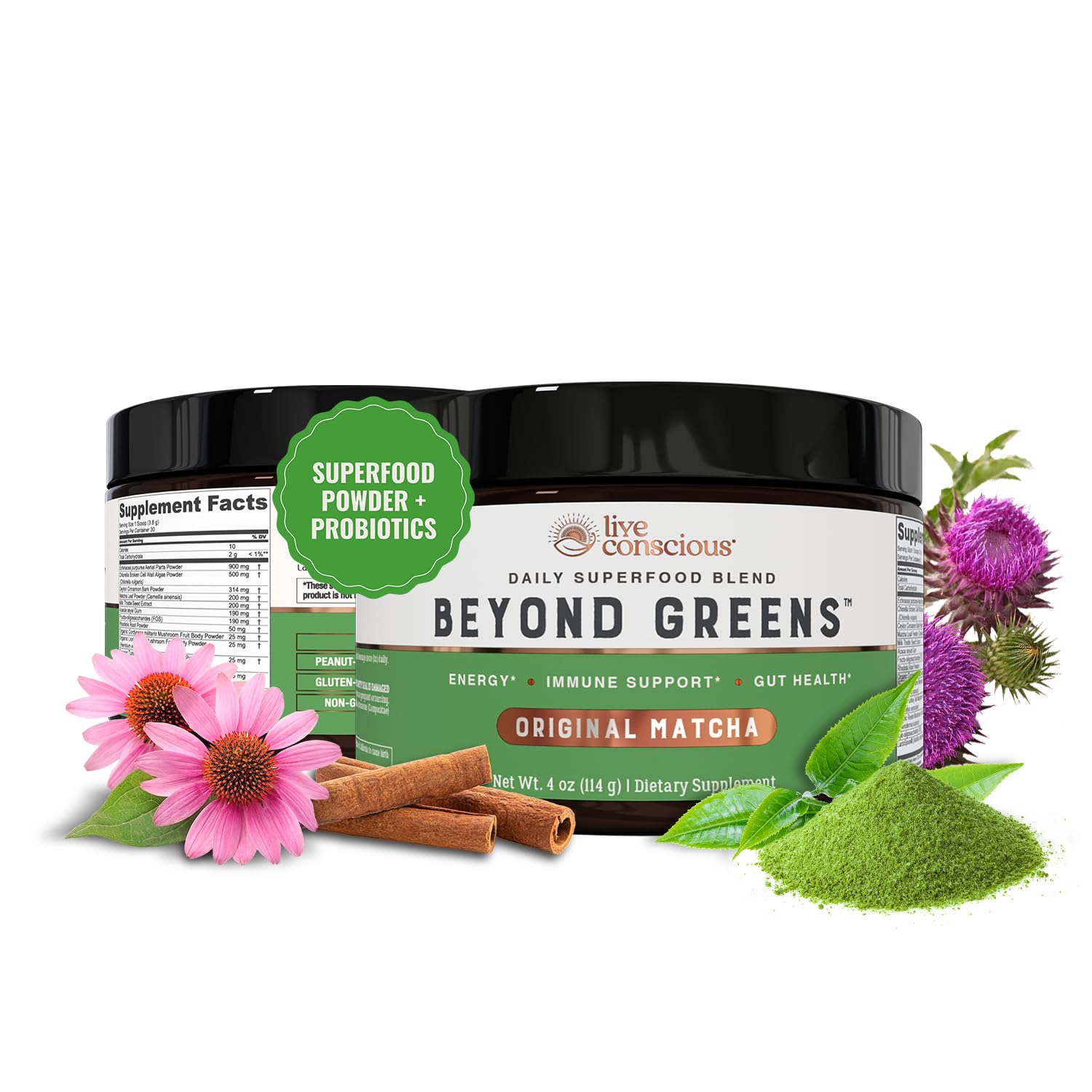 Live Conscious Beyond Greens Superfood Powder - Delicious Debloating Super Greens Powder - Matcha Greens Blend w/Chlorella, Echinacea, Probiotics for Immune Support & Energy Live Conscious buy supplements canada