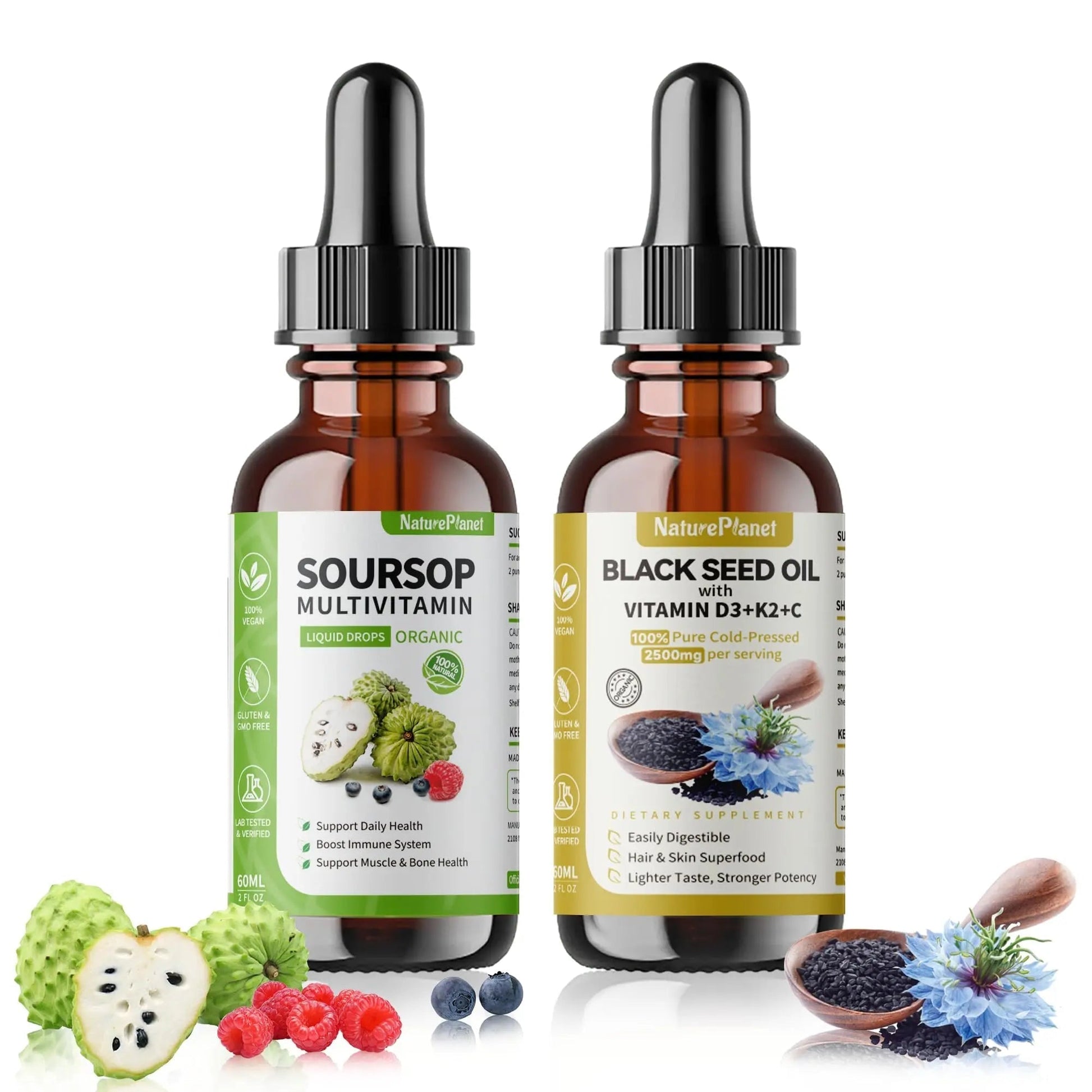 NaturePlanet Organic Soursop Bitters and Black Seed Oil Drops Bundles with Vitamins D3, K2, B6, C | NaturePlanet buy supplements canada