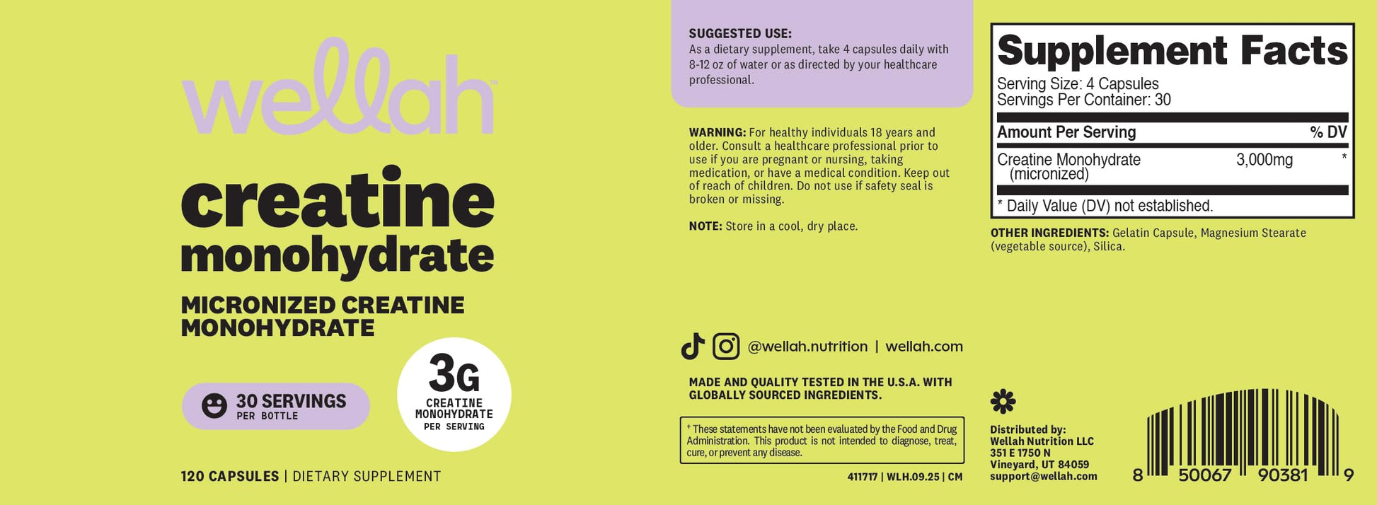 Wellah Creatine Monohydrate Capsules (3000 mg) 120 Capsules - Micronized Creatine, 30 Servings Wellah buy supplements canada