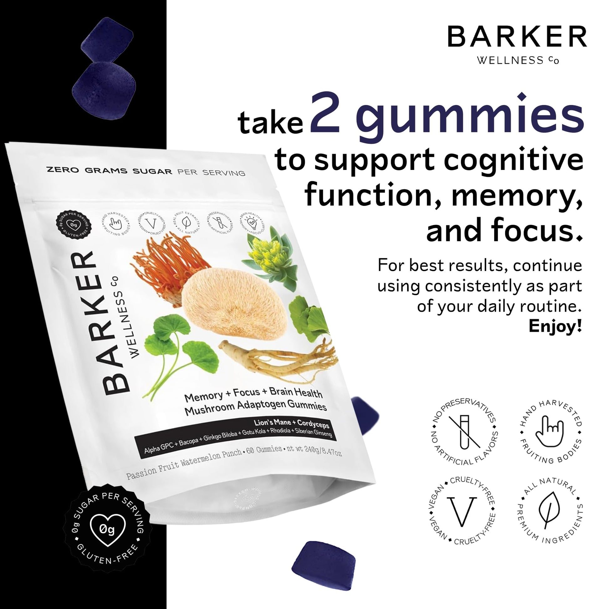 Barker Wellness Mushroom Adaptogen Gummies for Memory & Focus, Brain Health Supplement with Lion's Mane, Cordyceps, Cognizin, Vegan, Sugar-Free Passion Fruit Watermelon Flavor- 60 Count Barker Wellness Co buy supplements canada