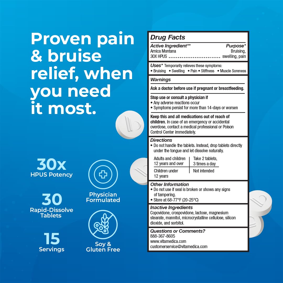 Arnica Montana 30X HPUS, Clinical Grade, Quick Dissolve Tablets, Five-Day Recovery Pack for Pain and Bruise Relief After Surgery or Injury, Natural Healing, Gentle on The Stomach - 30 Count VitaMedica buy supplements canada