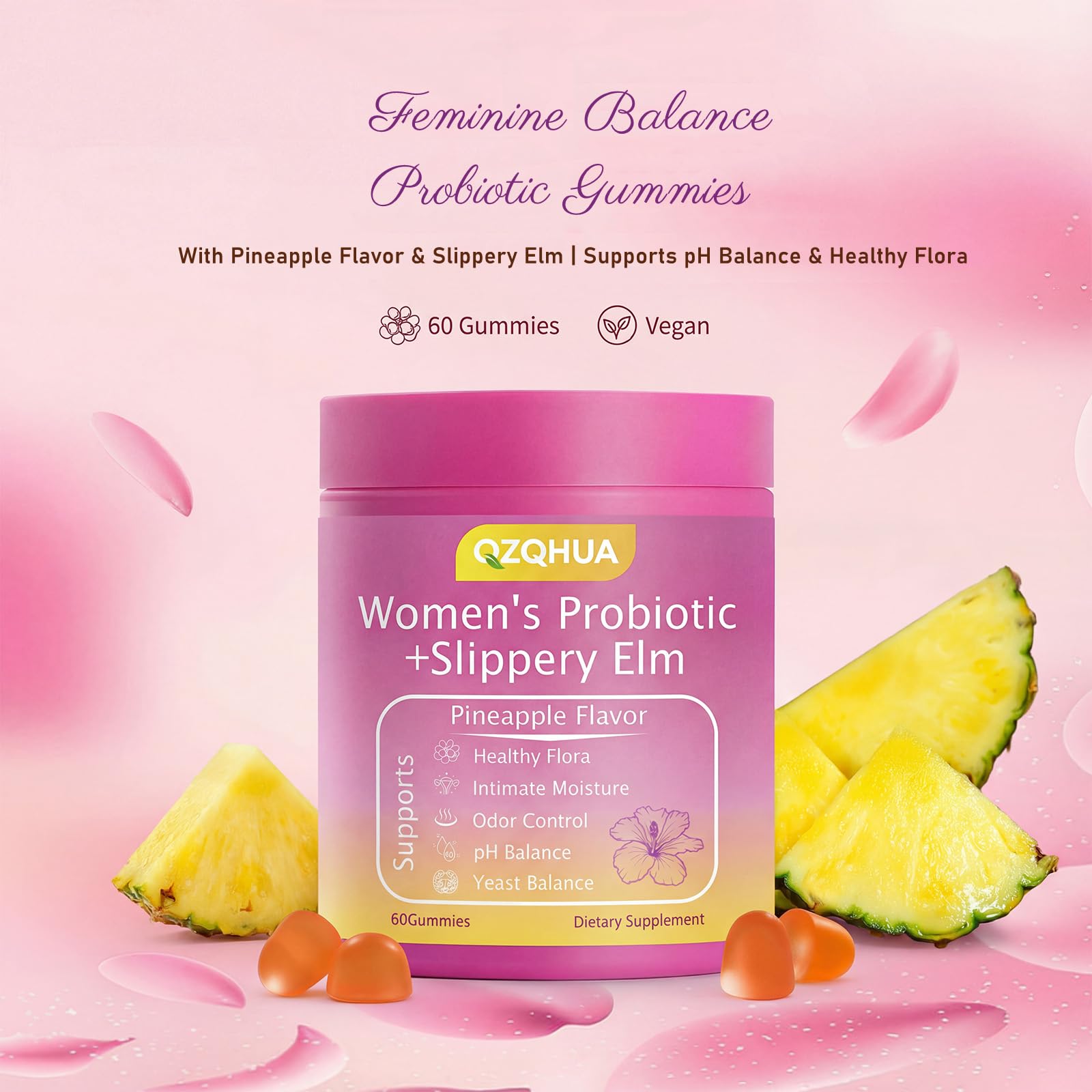 Premium Feminine Balance Gummies for Women - 60 Gummies, Hawaiian Pineapple Flavor - with Probiotics & Vitamin C - Supports Feminine Wellness & Healthy Balance - Gluten Free, Vegan（30 Servings）（Q2） QZQHUA buy supplements canada