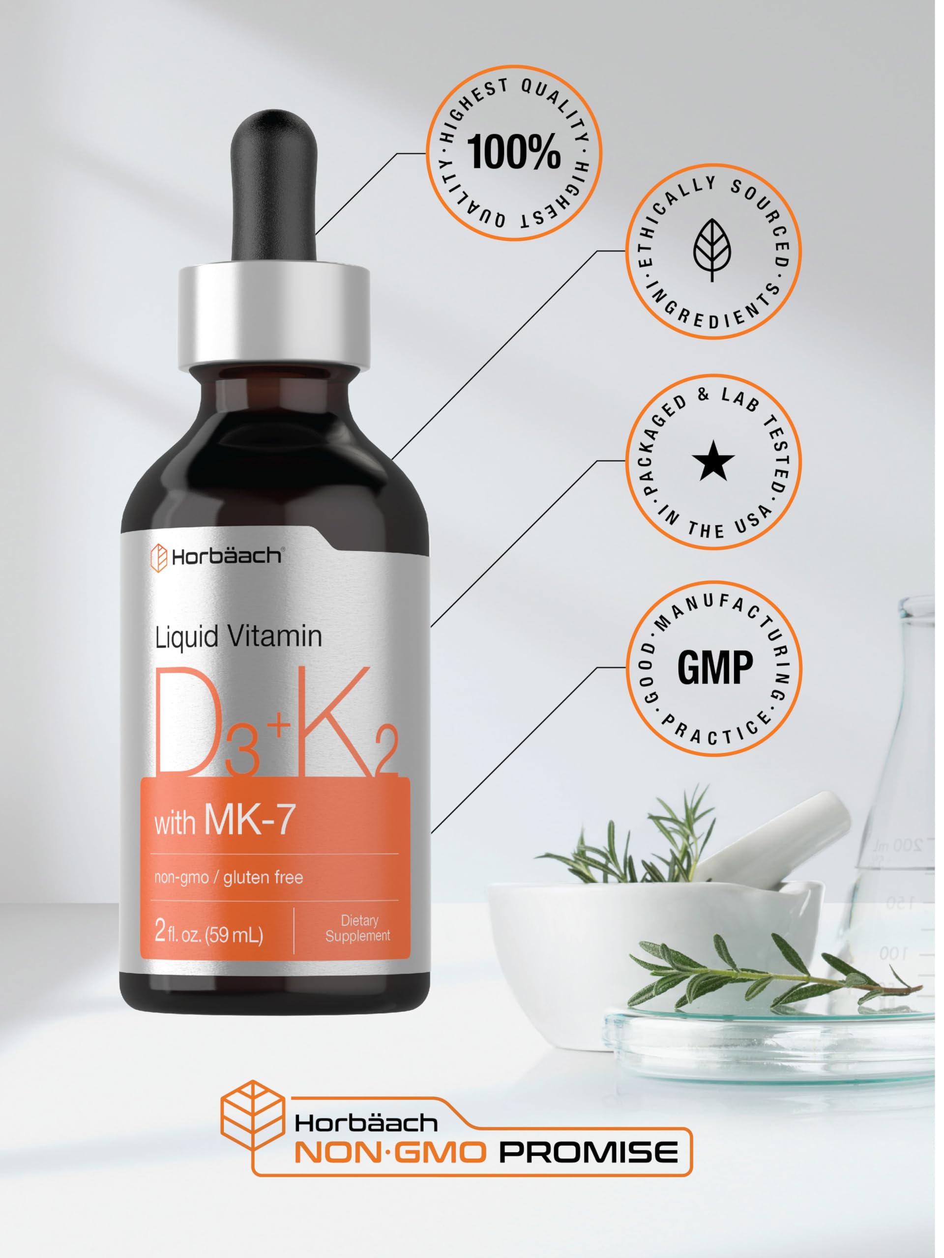 Horbäach Vitamin D3 + K2 Liquid Drops | with MK7 | 2 Fl Oz | Vegetarian | Non-GMO Horbäach buy supplements canada