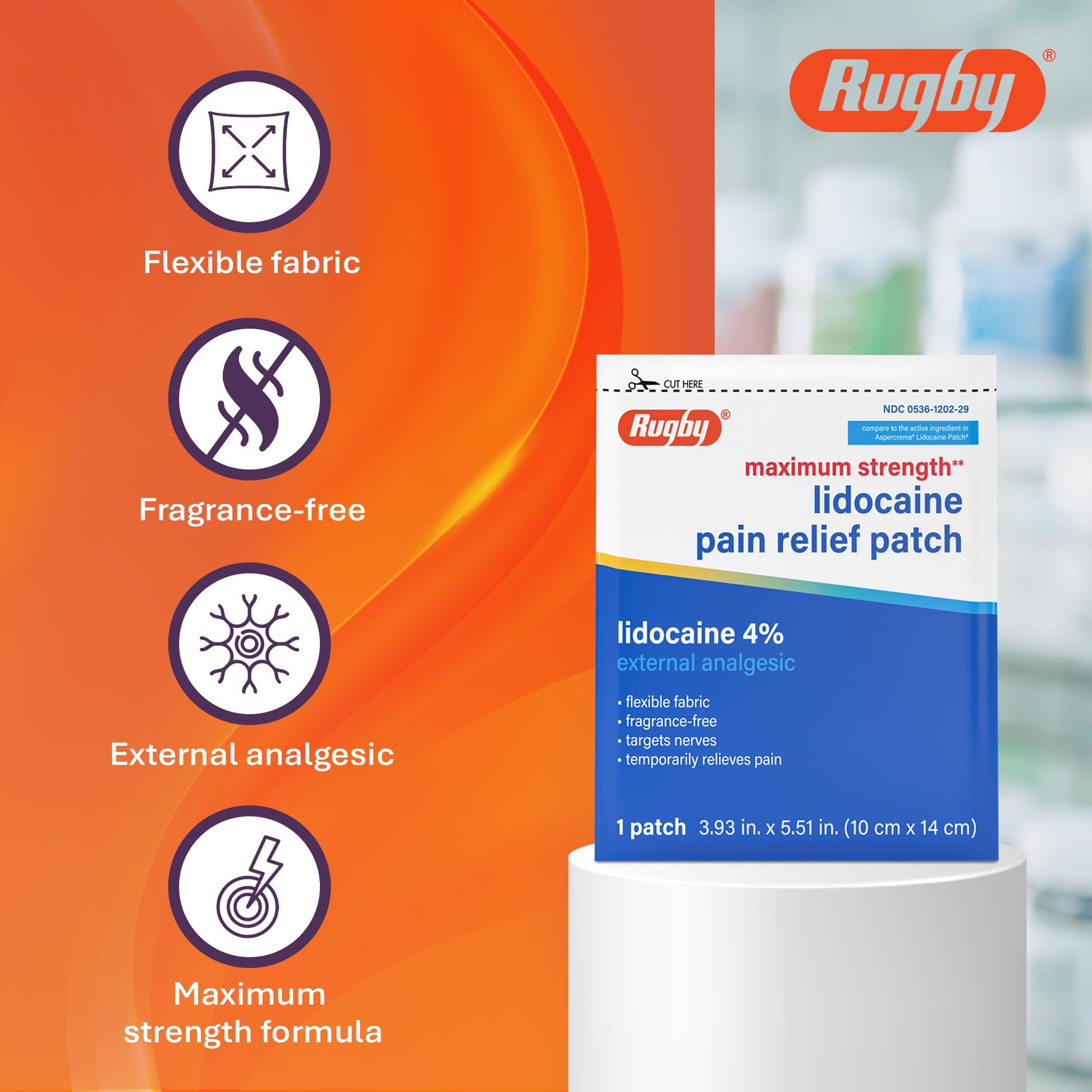 Rugby Maximum Strength 4% Lidocaine Pain Relief Patch- External Analgesic - Flexible Fabric, Fragrance-Free - Temporarily Relieves Pain - 100 Patches (10 cm x 14 cm Each) RUGBY LABORATORIES buy supplements canada
