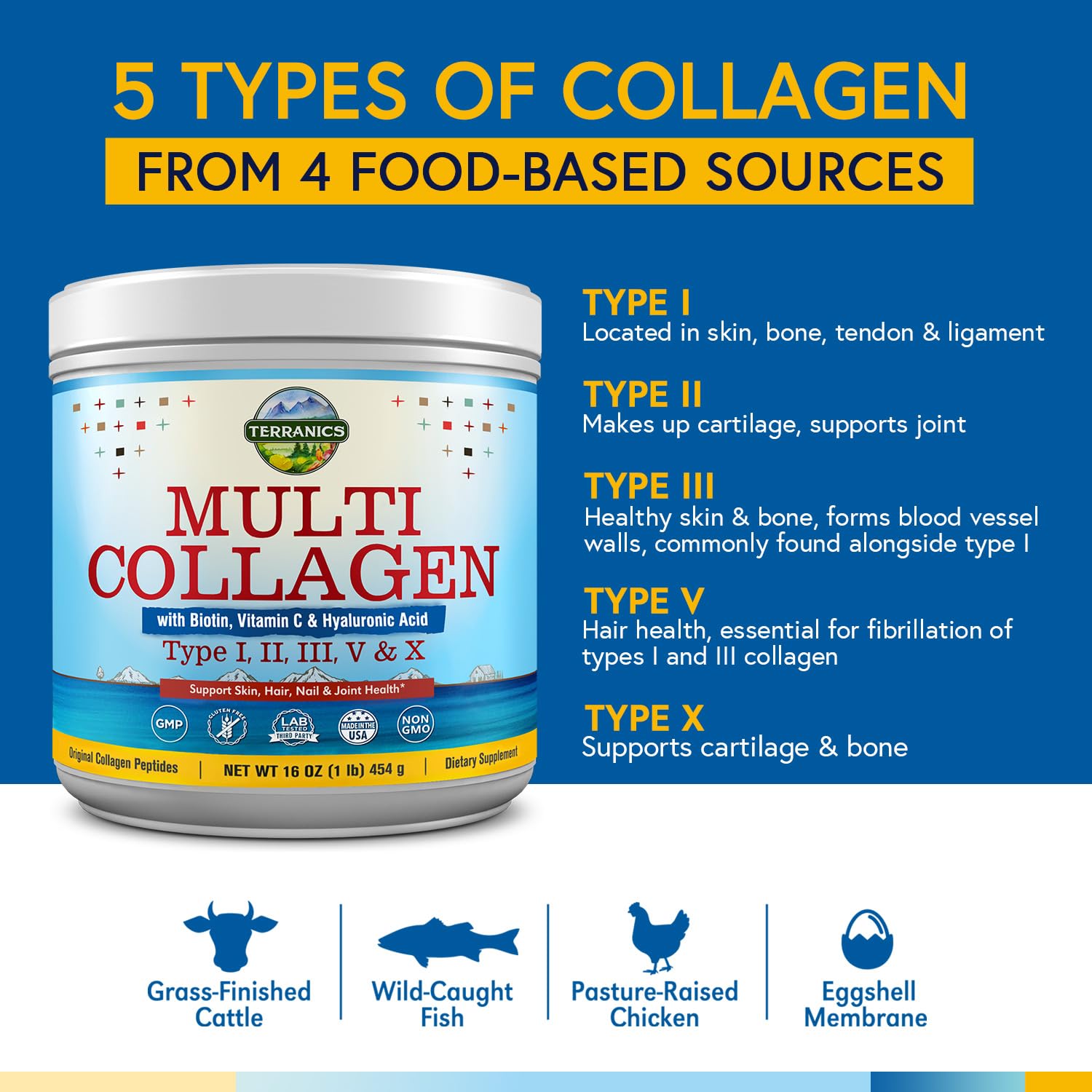 Terranics Multi Collagen Powder Type I II II V X with Biotin VC Hyaluronic Acid, Paleo Terranics buy supplements canada