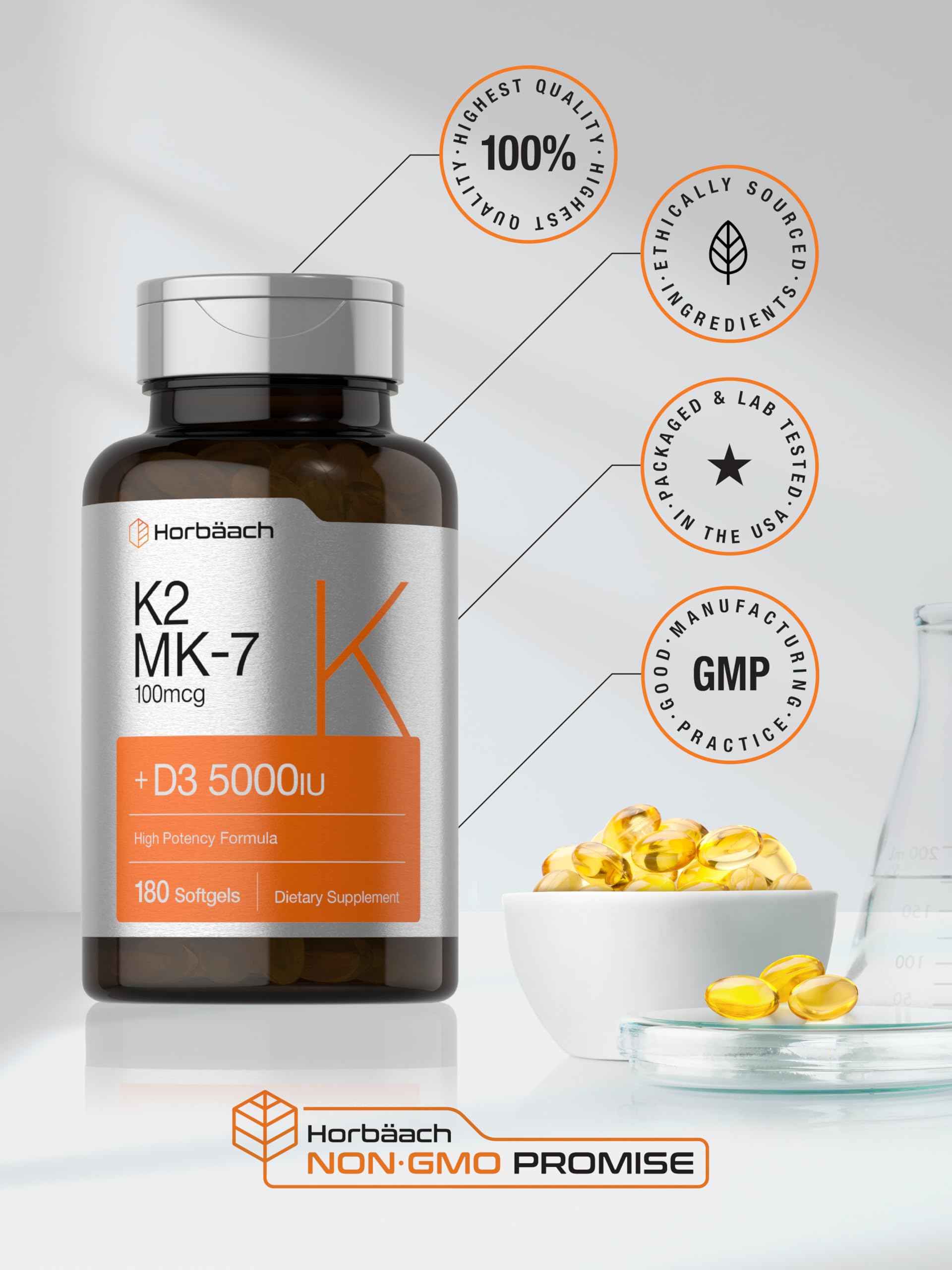 Horbäach Vitamin D3 K2 | 5000iu of Vitamin D & 100mcg MK-7 Complex | 180 Softgel Cap Horbäach buy supplements canada