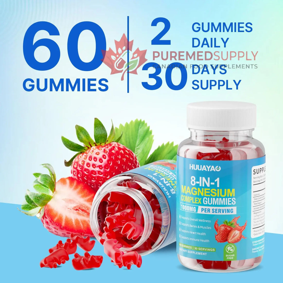 Magnesium Complex Gummies for Women Men 8 in 1, Magnesium Glycinate, Citrate, Malate, Taurate, Supports Bones, Muscle, Nerve Health, Sugar-Free, Vegan Non-GMO, Strawberry Flavor, 120 Count HUUAYAO buy supplements canada