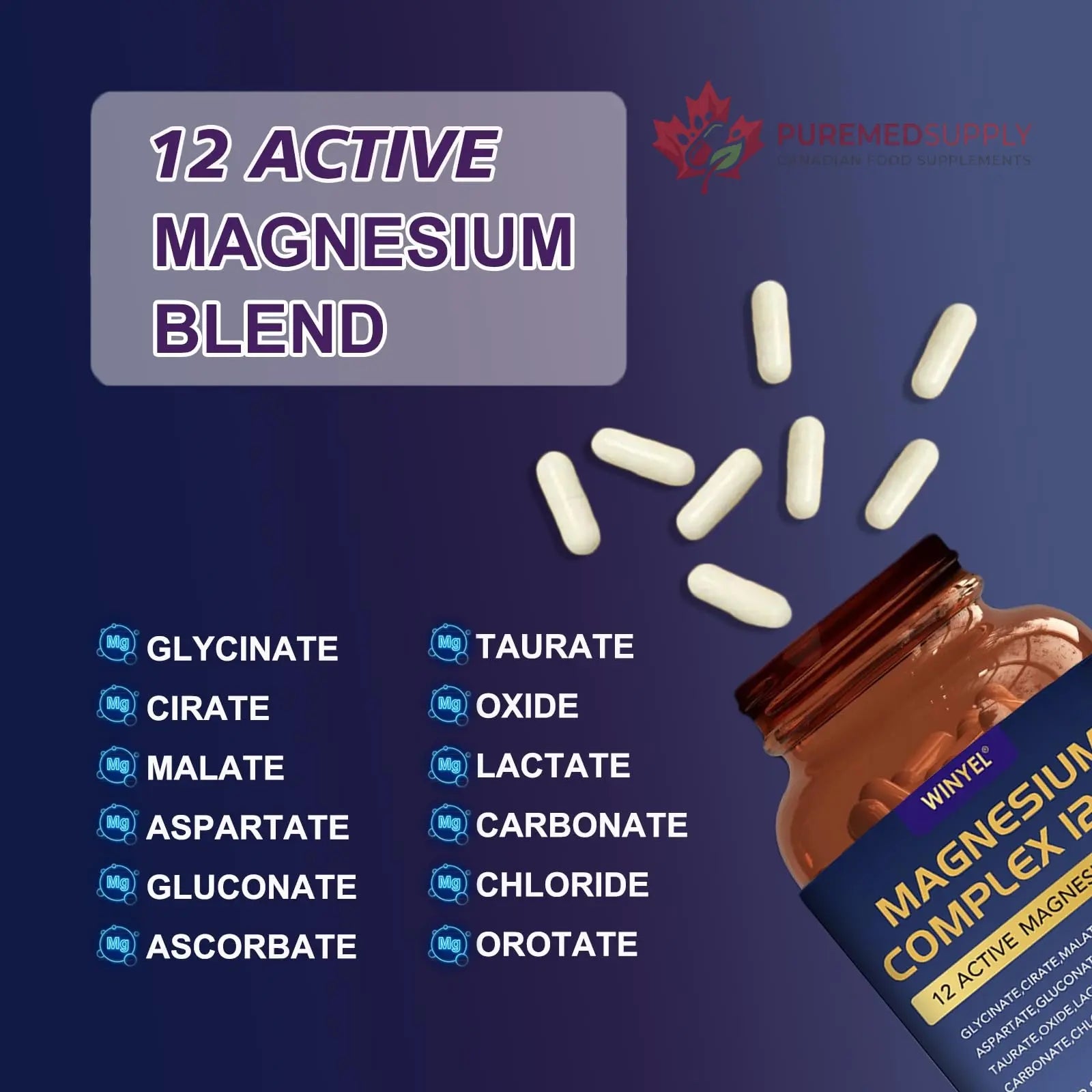 Magnesium Complex 700mg 12 in 1 Magnesium Supplement with Glycinate, Citrate, Malate | Sleep, Calm, Muscle Relaxation, Heart Health Support | Vegan 120 Capsules WINYEL buy supplements canada