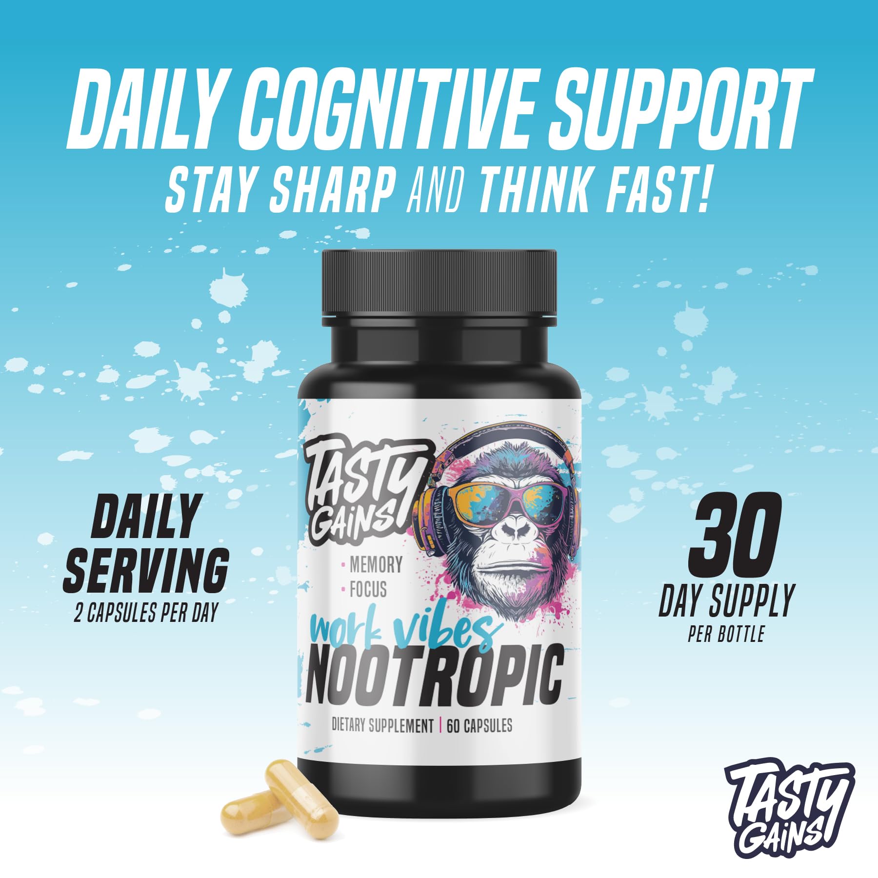 Nootropic Brain Supplement for Memory and Focus - Vitamin for Mental Health & Brain Health with L-Theanine, Rhodiola Rosea & Phosphatidylserine - Memory, Mental Clarity & Cognitive Improvement - 60 Ct TASTY GAINS buy supplements canada