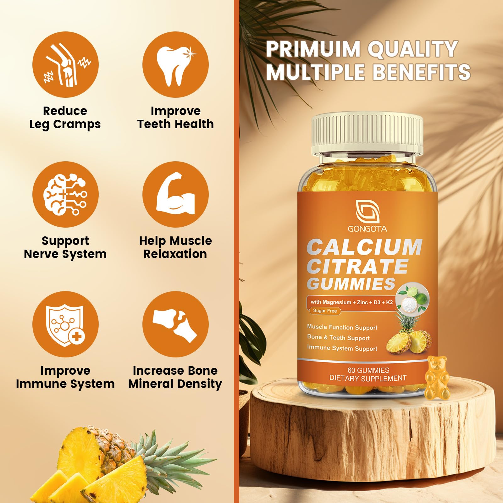 GONGOTA Calcium Citrate 1200mg with Vitamin D3 Gummies, Chewable Calcium for Bone, Muscle, Joints, Immune Support, Calcium Supplements for Women & Men,Sugar Free, Pineapple Flavor - 120 Gummies GONGOTA buy supplements canada