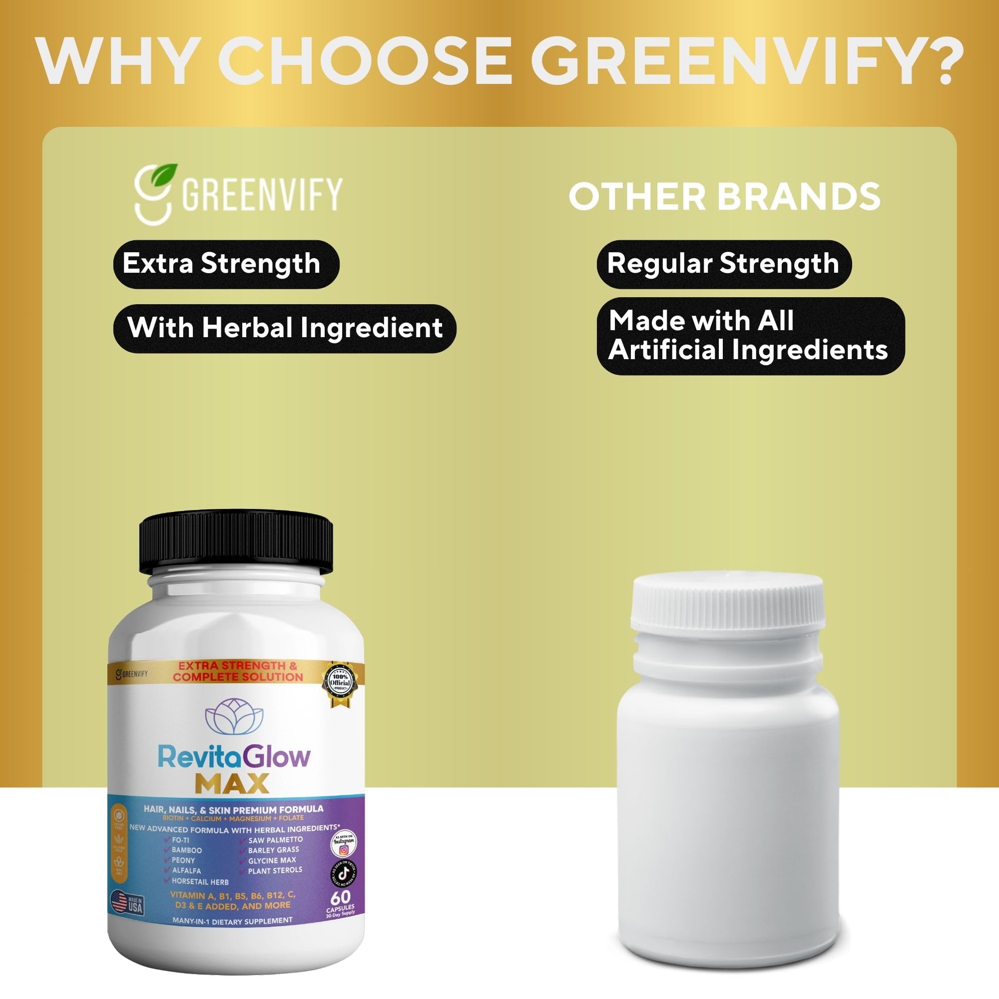 GREENVIFY RevitaGlow Max Hair, Nails & Skin Premium Formula, 60 Capsules, 30-Day Supply, with Biotin, Vitamins A, B1, B5, B6, B12, C, D3, E (1) GREENVIFY buy supplements canada