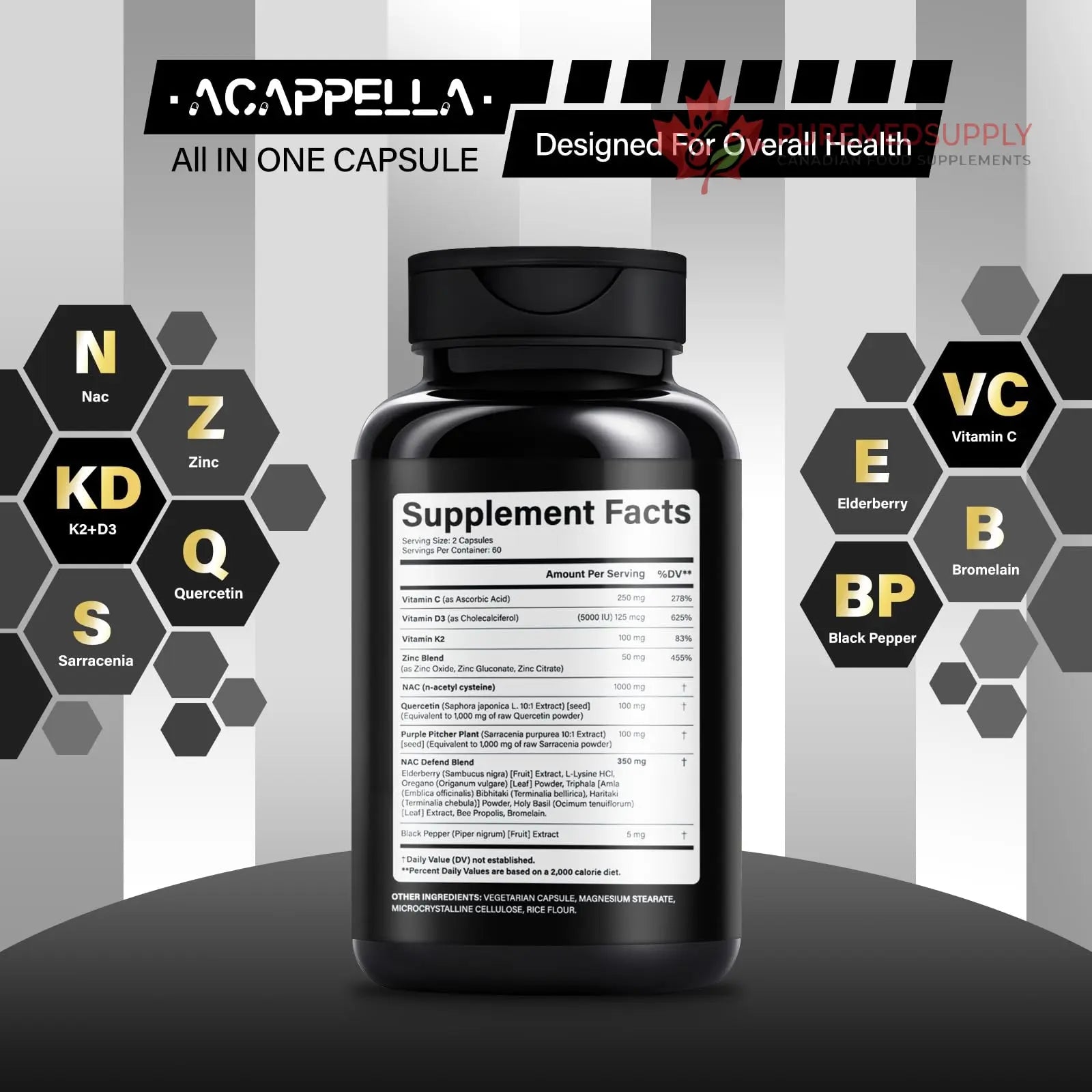 ACAPPELLA N-Acetyl Cysteine Vitamin D3 K2 Zinc Quercetin Sarracenia Purpurea NAC Supplement with Elderberry Holy Basil Bee Propolis Bromelain L-Lysin for Men & Women (1) ACAPPELLA buy supplements canada