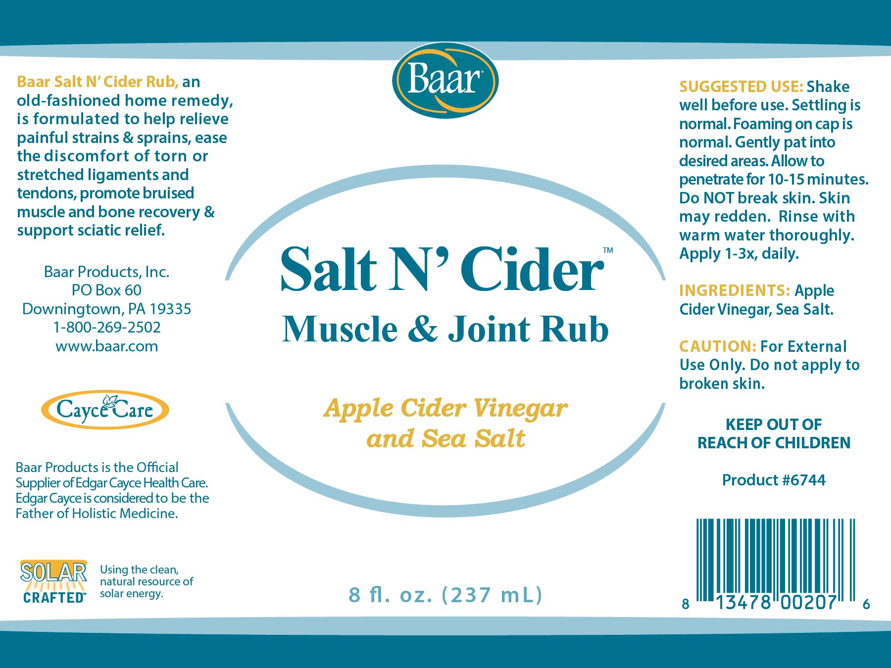 Baar Salt N' Cider Rub - Aids Bruised Ligaments & Tendons, Strains, Sprains & Bone Recovery, 8 fl. oz. Baar buy supplements canada