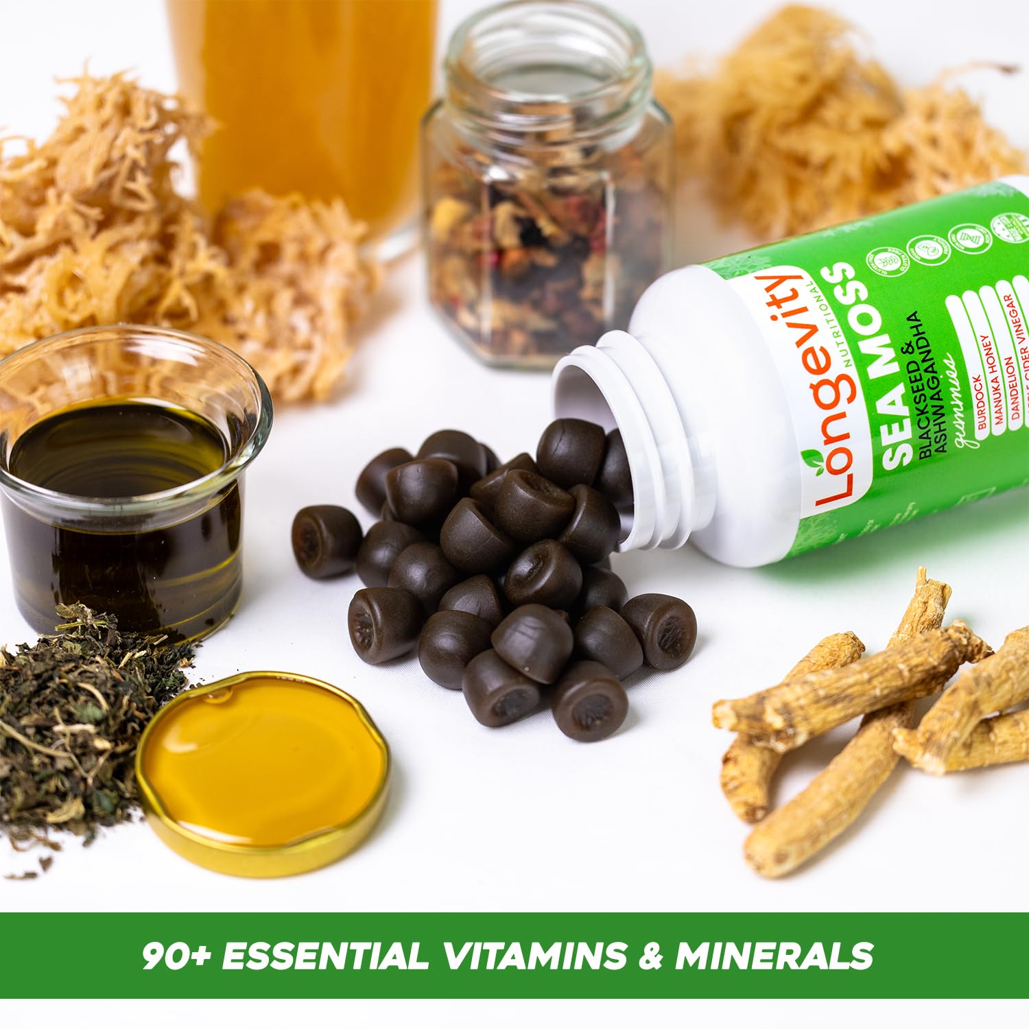 Longevity Nutritional Sea Moss, Thyroid Energy Vitamins Mineral Burdock Manuka Honey Dandelion Apple Cider Bladderwrack Ashwagandha Extract Turmeric Antioxidant Boost Immune Superfood Gummies Longevity Nutritional buy supplements canada