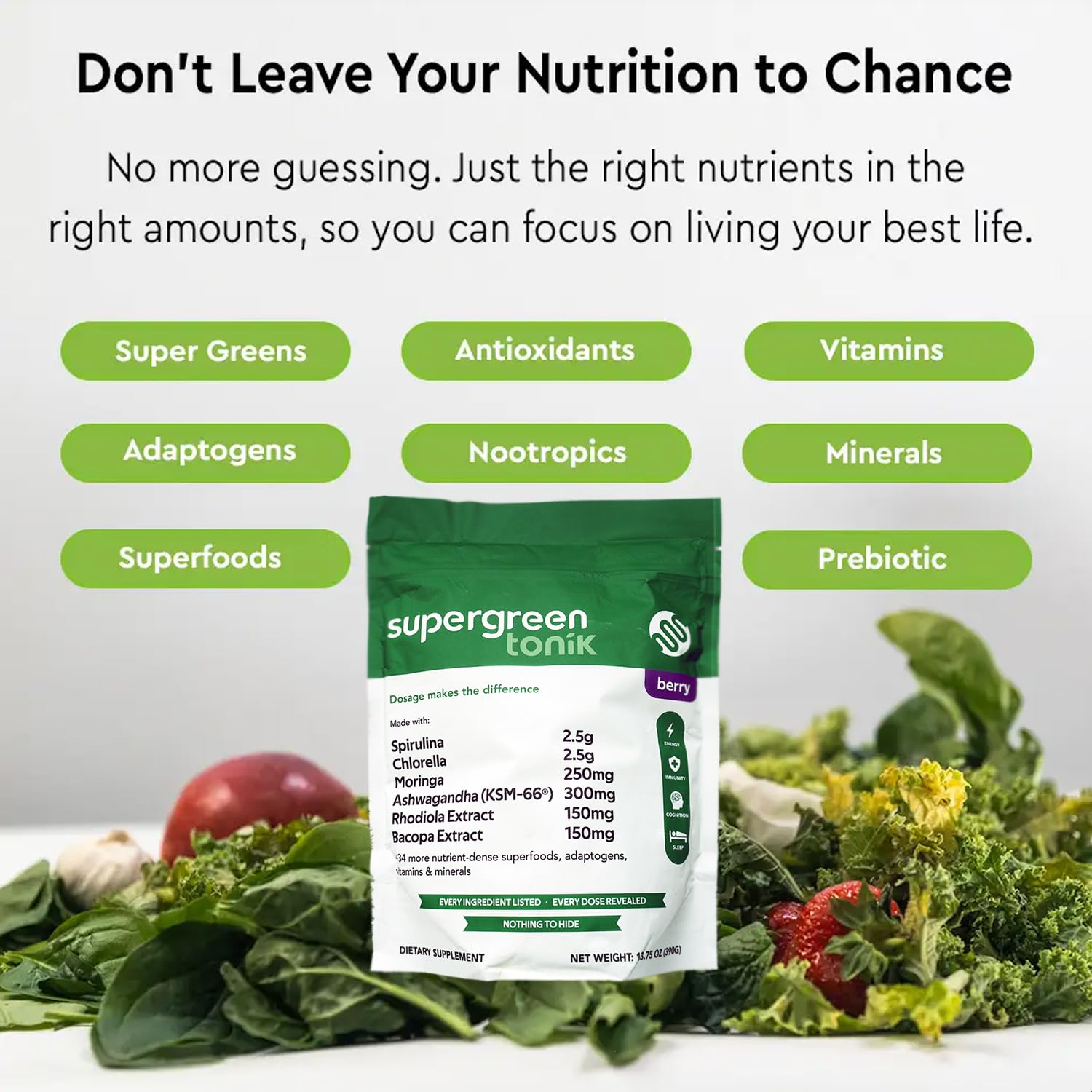 SUPERGREEN TONIK 100% Natural Greens Superfood Powder – Daily Supplement with 40 Superfoods, Vitamins and Minerals – Supports Energy, Stress and Immunity – 30 Days 360 Grams Berry Flavor (1 Bag) SUPERGREEN TONIK buy supplements canada