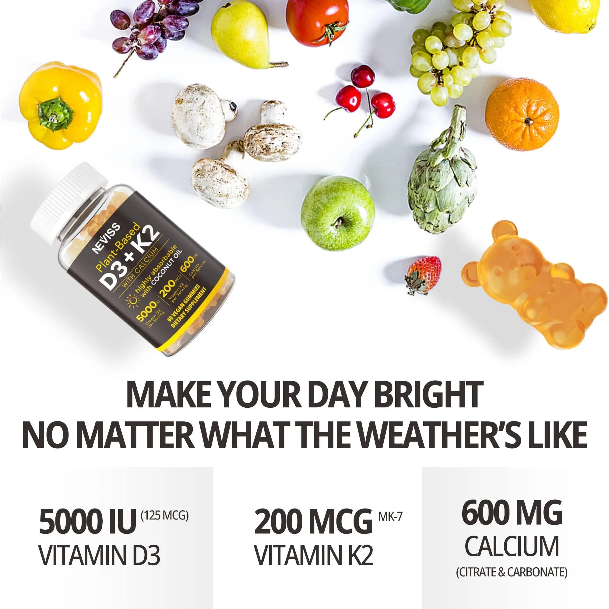 NEVISS 50+ Daily Gummy Multivitamin Algae Omega 3 & Calcium, CoQ10, Magnesium + Vitamin D3 5000IU Gummies 125mcg with Calcium 600mg, K2(MK7) 200mcg NEVISS buy supplements canada
