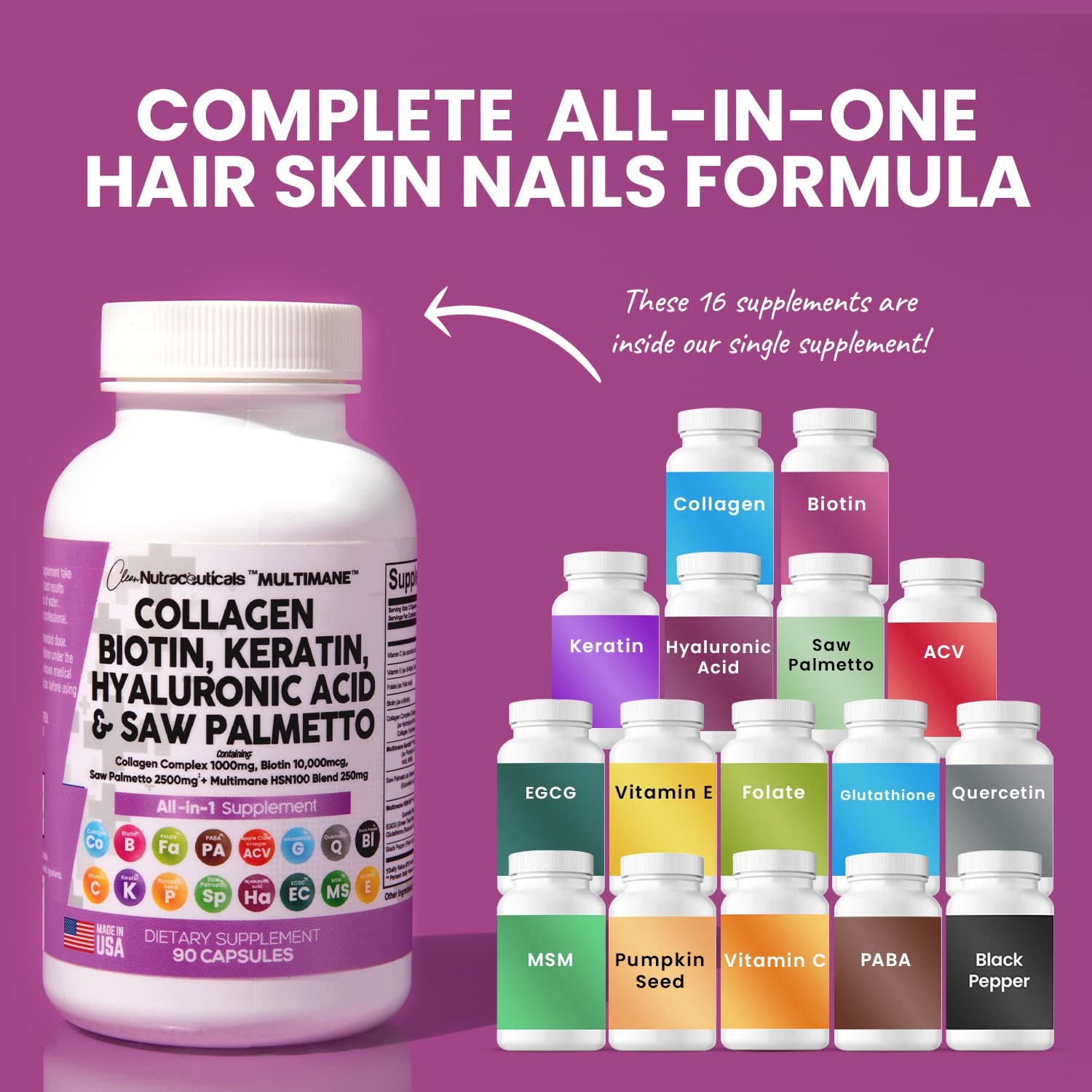 Collagen Pills 1000mg Biotin 10000mcg Keratin Saw Palmetto 2500mg 90 Ct Clean Nutraceuticals buy supplements canada