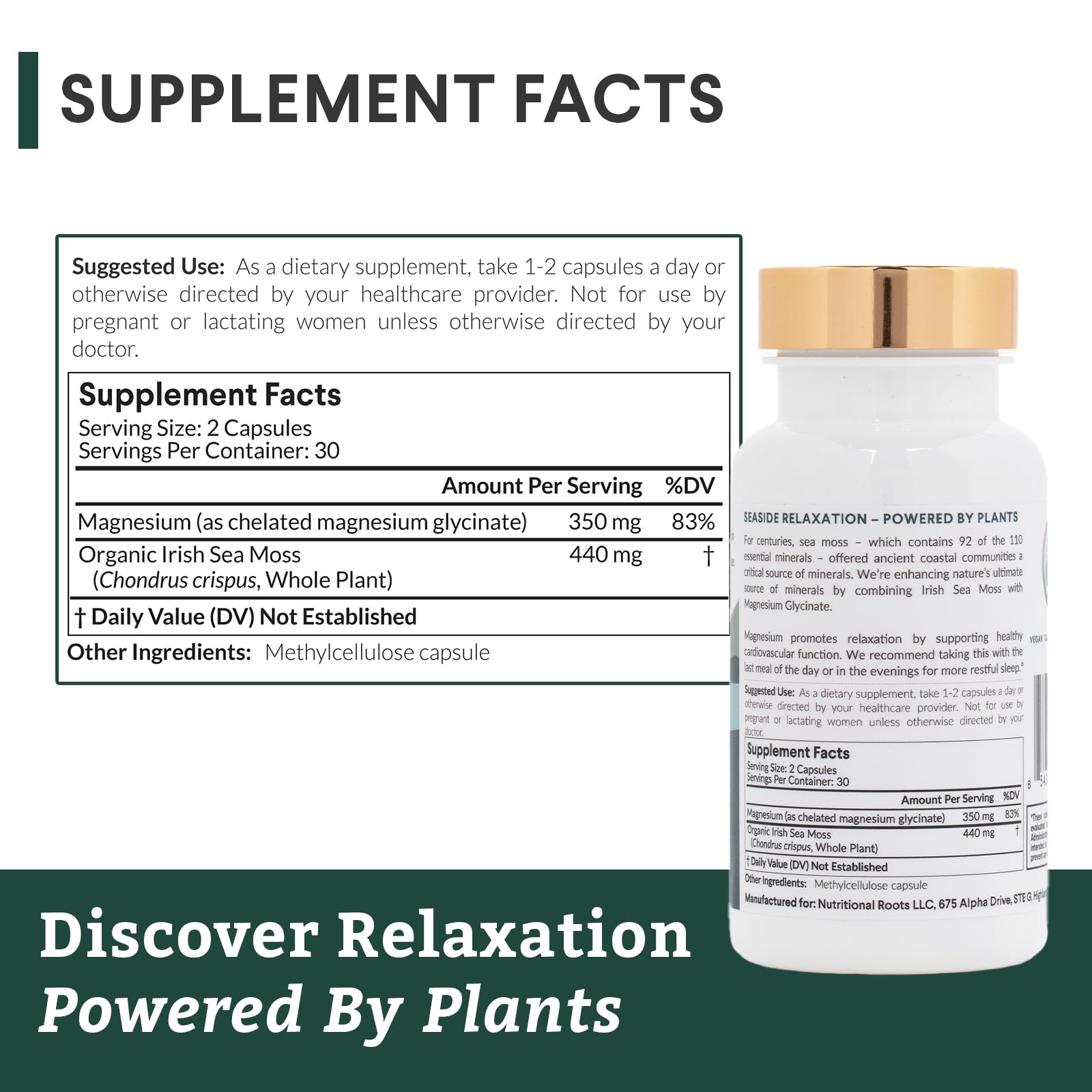 Nutritional Roots - Magnesium + Irish Sea Moss - 350mg Magnesium Glycinate & Organic Irish Sea Moss - Essential Minerals - Supports Heart & Bone Health - Dietary Supplement - 30 Servings - 60 Capsules Nutritional Roots buy supplements canada