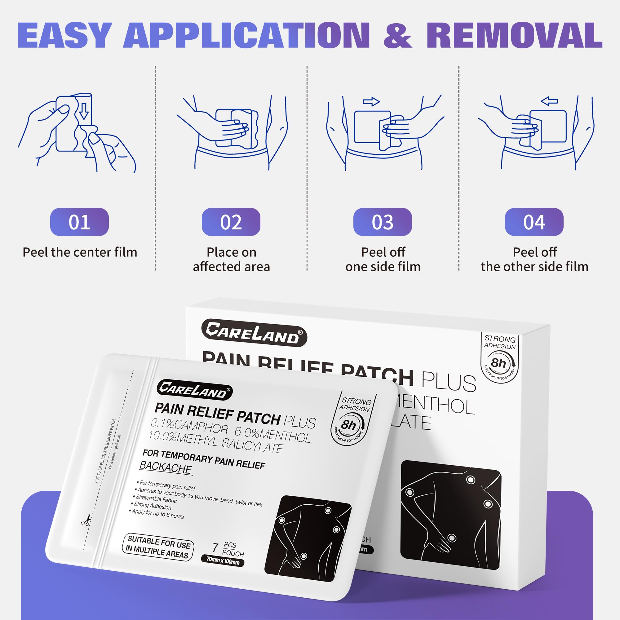 CARELAND Compound Pain Relief Patches, 56 Count (7cm x 10cm) - OTC with Stronger Adhesion for Back, Shoulder, Knee, Large Size CARELAND buy supplements canada