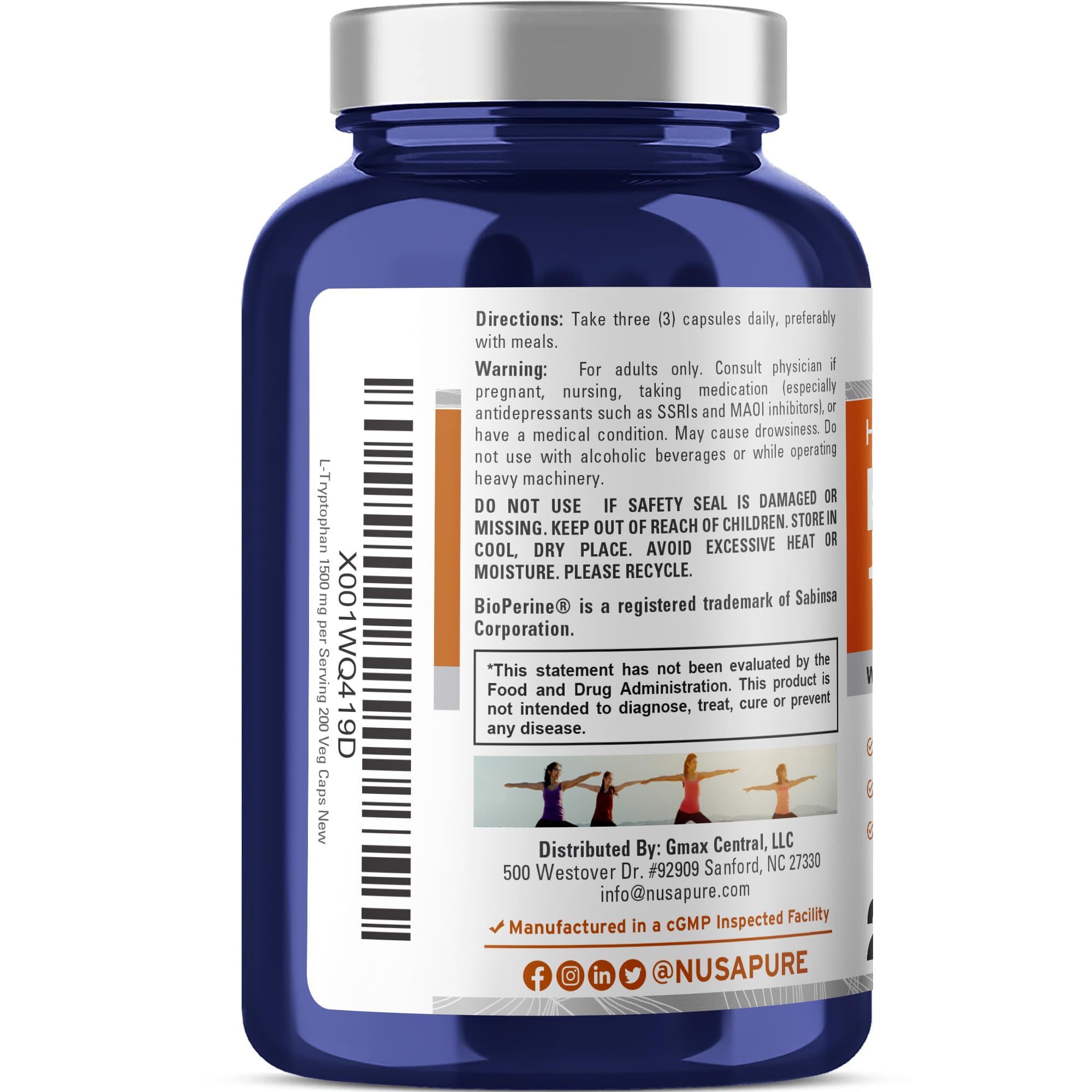 NusaPure L-Tryptophan - Suitable for Vegetarian/Vegan, Non - GMO - 1500mg 200 Capsules NusaPure buy supplements canada