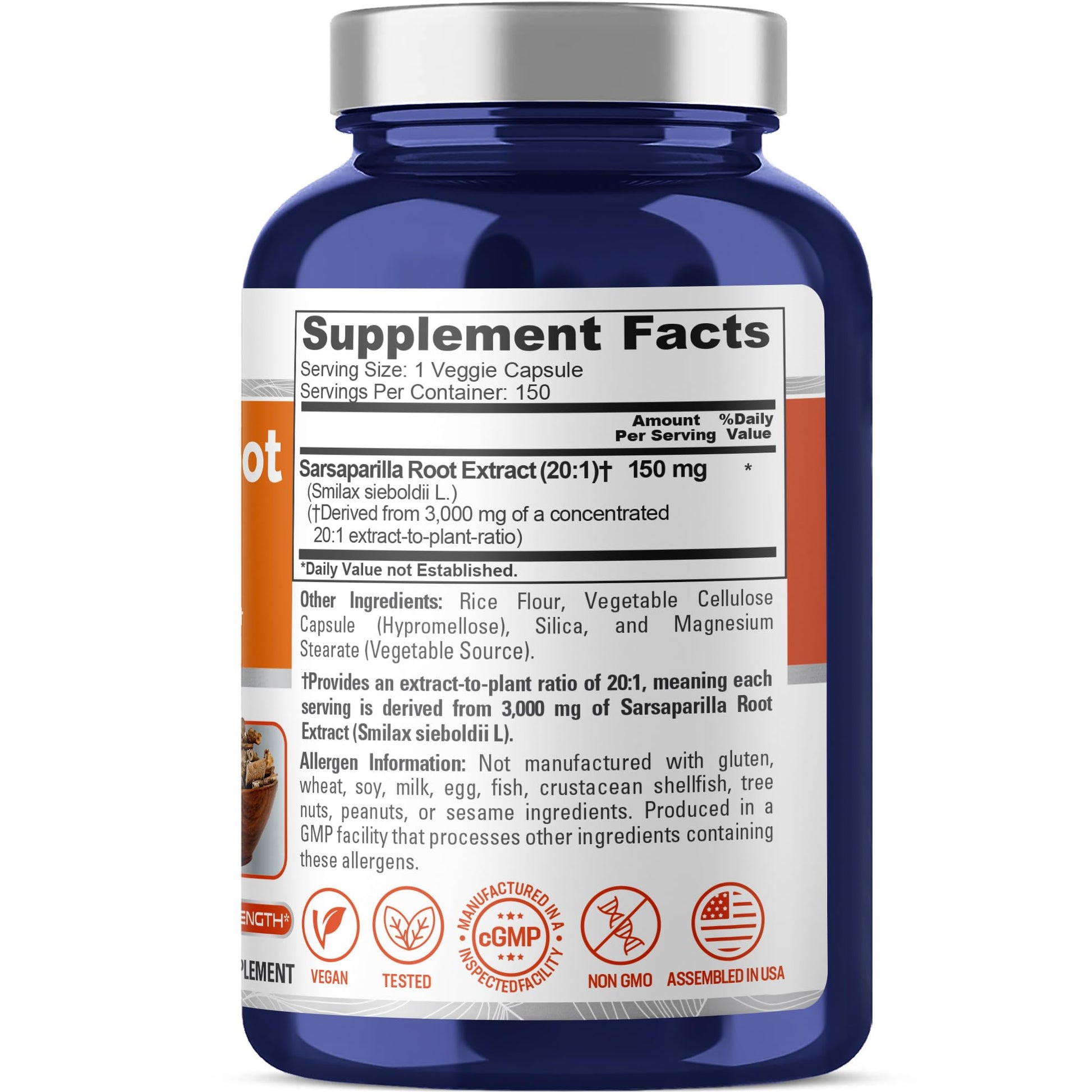 NusaPure Sarsaparilla Root 20:1 Extract - Suitable for Vegetarian/Vegan, Non - GMO - 3000 mg - 150 Capsules NusaPure buy supplements canada