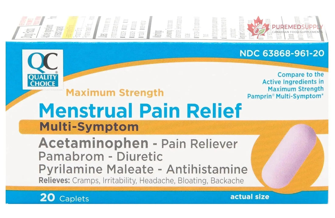 Quality Choice Maximum Strength Mentrual Pain Relief, Multi Symptom Pain Relief Caplets, Cramps, Headache, Bloating, Backache & Irritability, 20 Count Package Quality Choice buy supplements canada