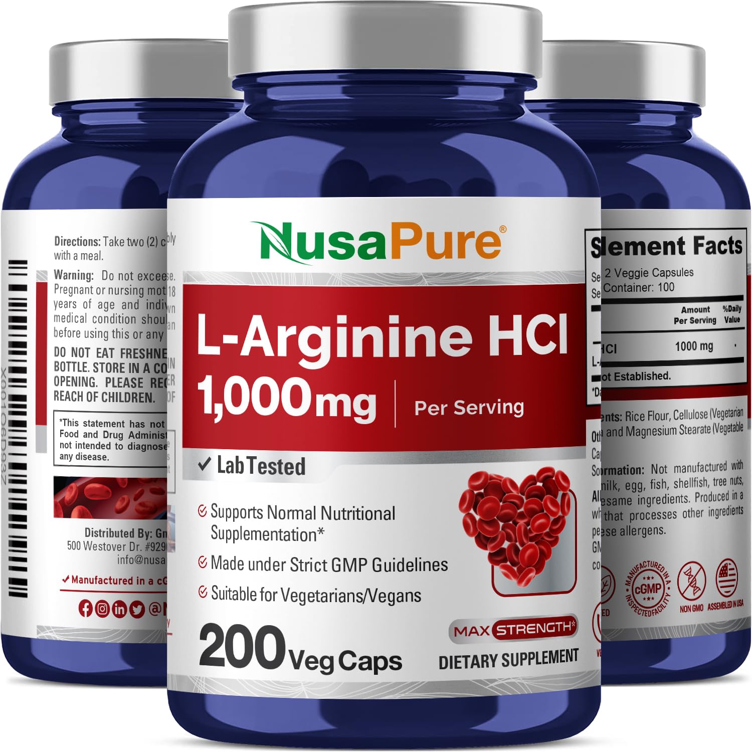 NusaPure L-Arginine 1000 mg 200 Veggie Capsules (Non-GMO, Vegetarian, Vegan) NusaPure buy supplements canada