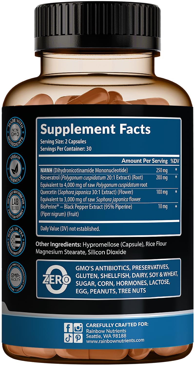 NMNH Supplement (NMN Alternative) NAD Booster for Anti-Aging, Cellular Energy & Nice Skin- Dihydronicotinamide mononucleotide, Resveratrol, Quercetin & BioPerine® for Max Absorption- 60 caps Rainbow Nutrients, LLC buy supplements canada