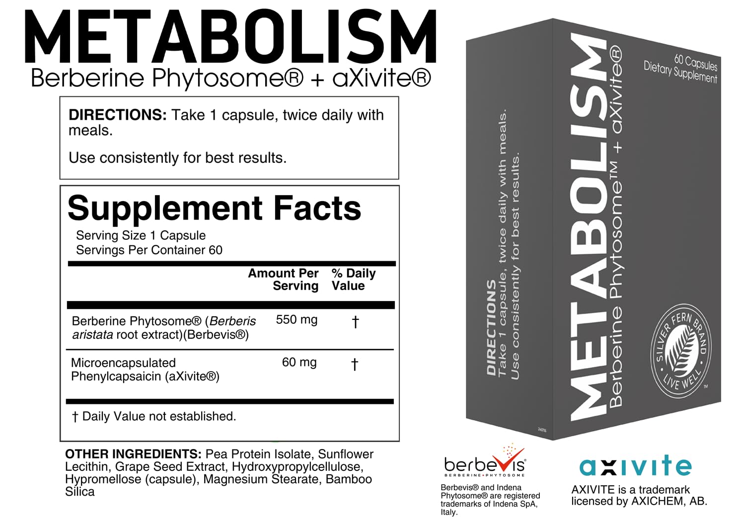 Silver Fern Brand Metabolism Supplement + Berberine Phytosome & aXivite – Supports Function & Wellness – 60 Capsules Silver Fern buy supplements canada