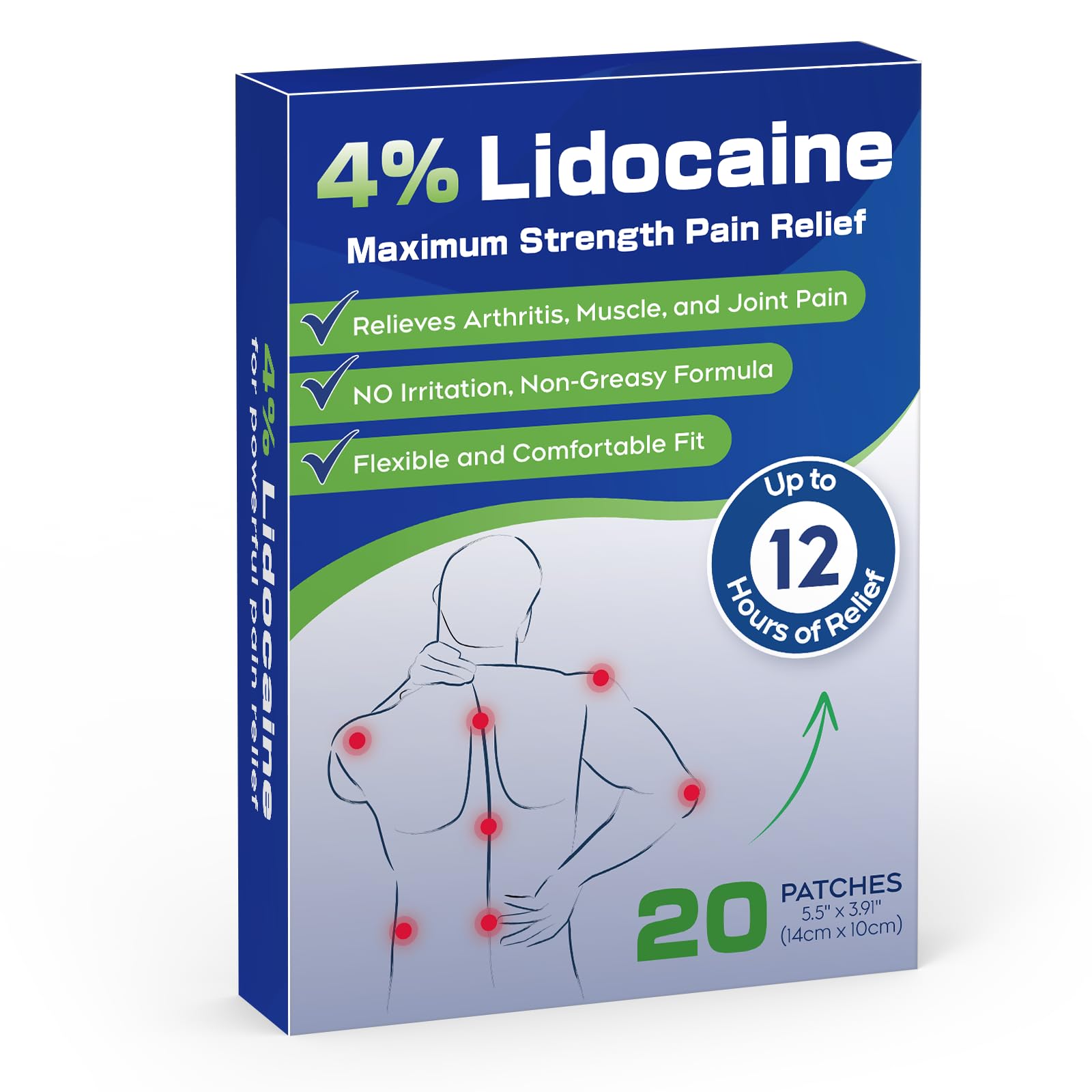 Uposiut 4% Lidocaine Patches - 20 Count Maximum Strength Lidocaine Patches, 10 Packs of 2 Patches for Muscle Pain Relief in The Neck, Shoulders, Back, Knees, and Anks, 12 Hour Pain Relief-012345 Uposiut buy supplements canada