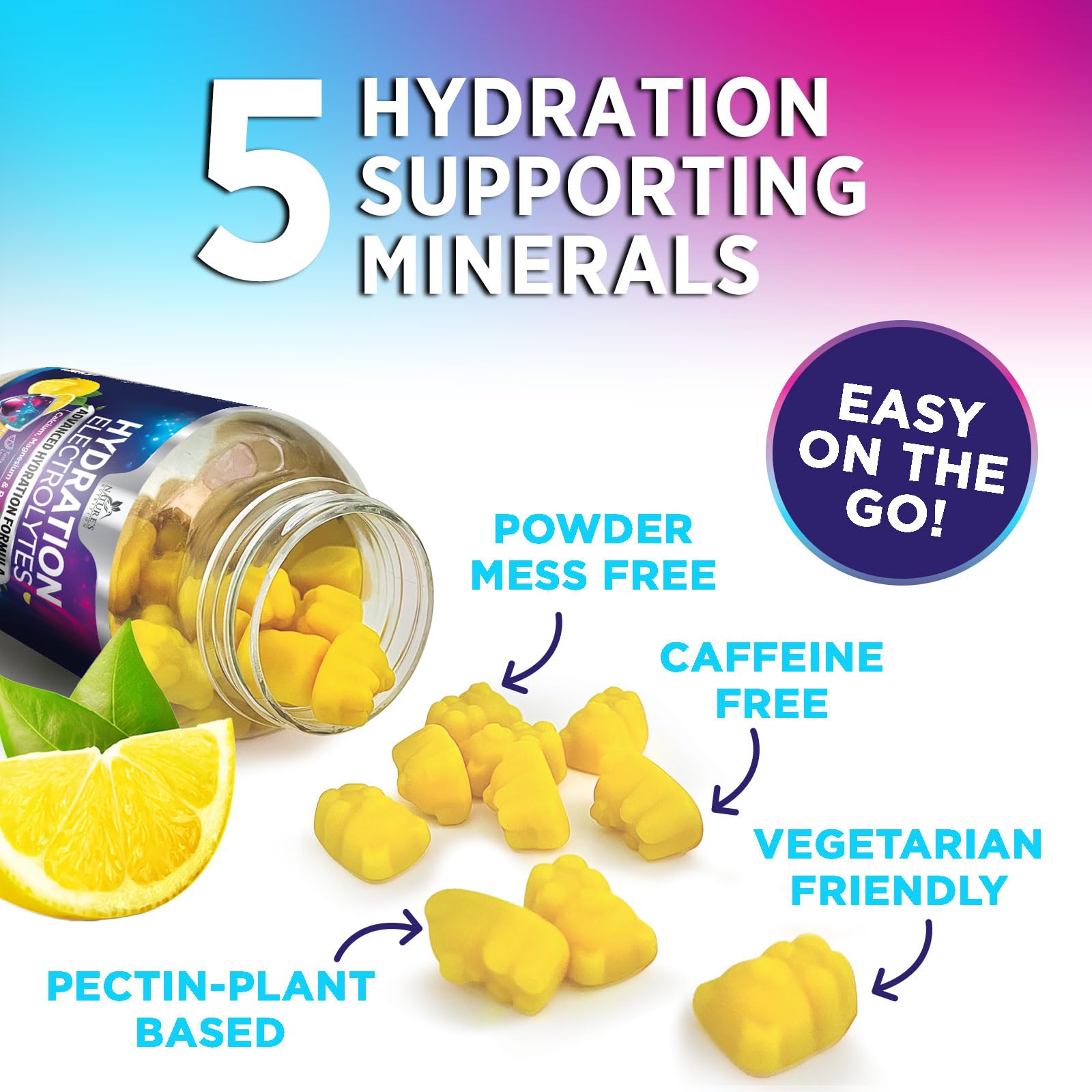 Hydration Electrolyte Gummies - Daily Liquid Replenisher Gummy - Electrolyte Multiplier with Minerals, Potassium & Real Salt - Vegan, Non-GMO - Tasty Lemon Flavor Hydration Electrolytes Nature's Nutrition buy supplements canada