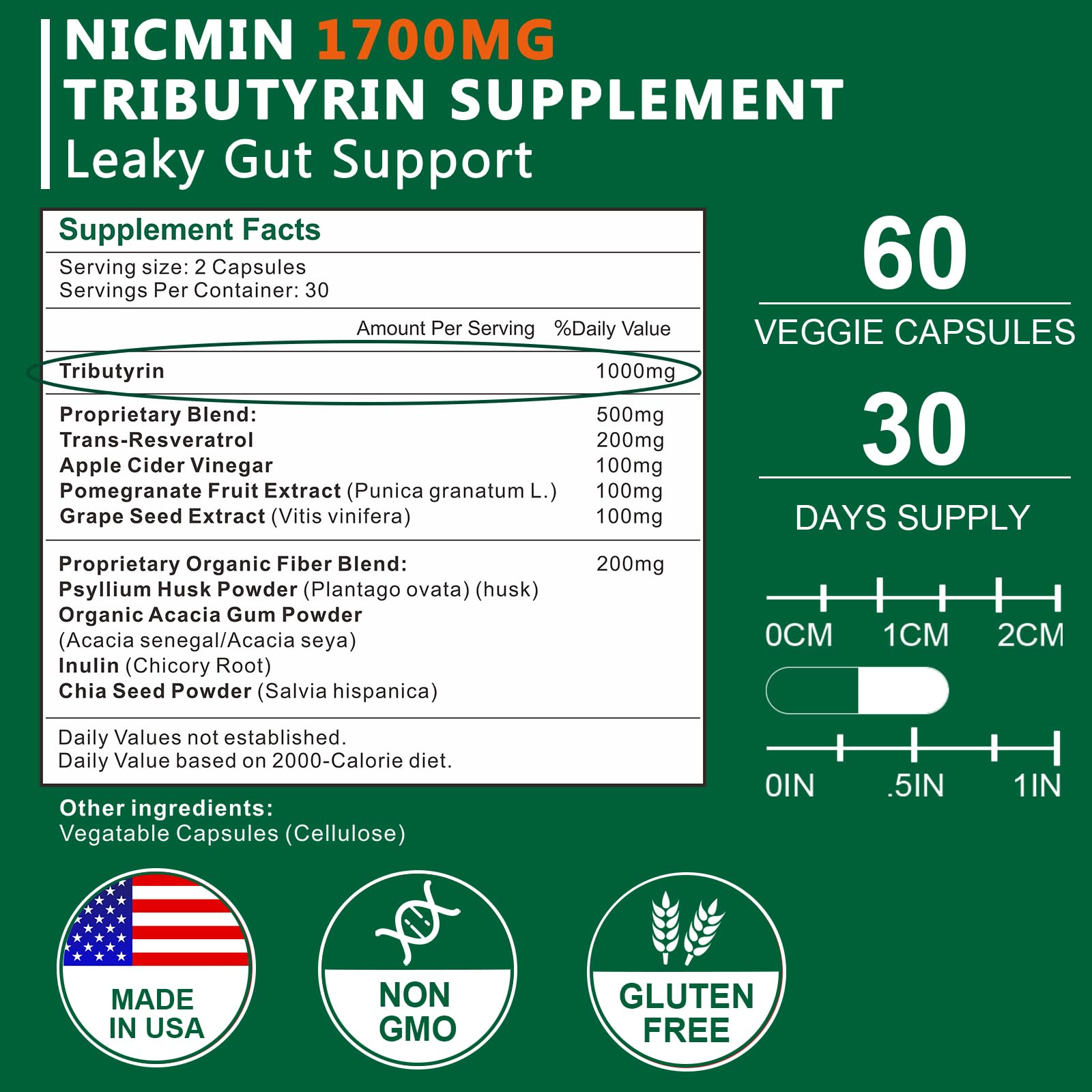 NICMIN Tributyrin Supplement - Premium Butyrate Gut Health Supplement for Leaky Gut 60 Capsules NICMIN buy supplements canada
