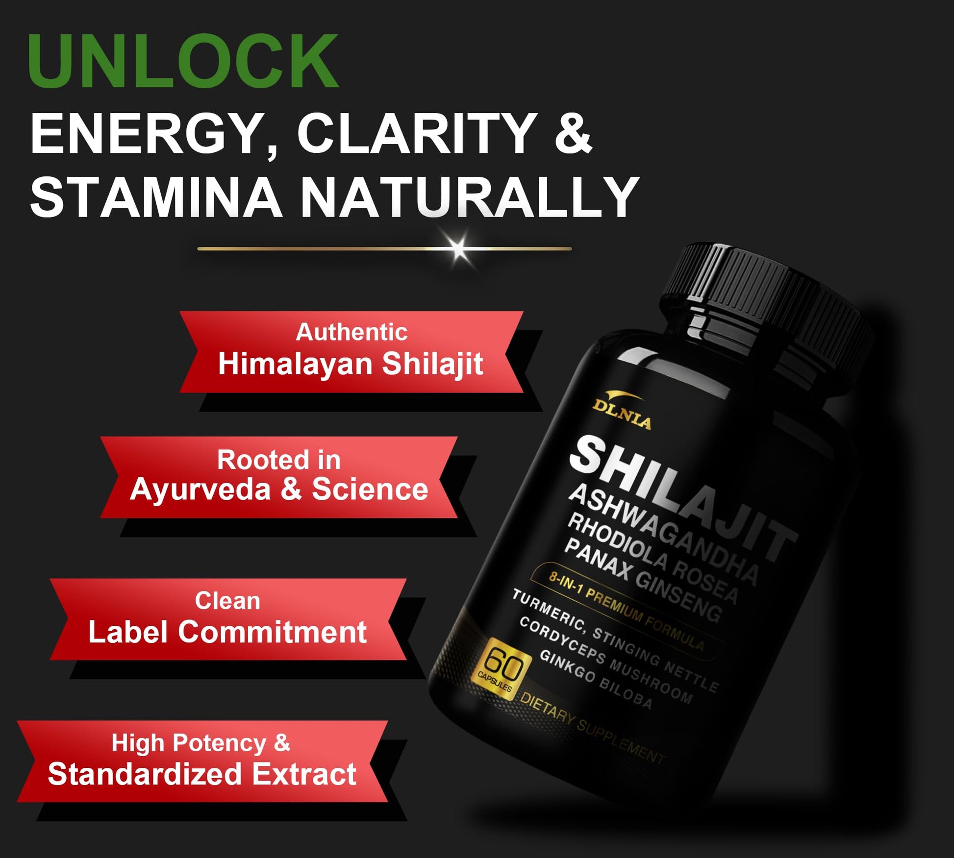 DLNIA 8-in-1 Shilajit for Men & Women with Ashwaganda Himalayan Organic Supplement with Rhodiola Rosea, Ginseng, Turmeric, Mushroom, for Immune Support, Energy, Calm, Focus, Clarity, Sleep, Cortisol DLNIA buy supplements canada