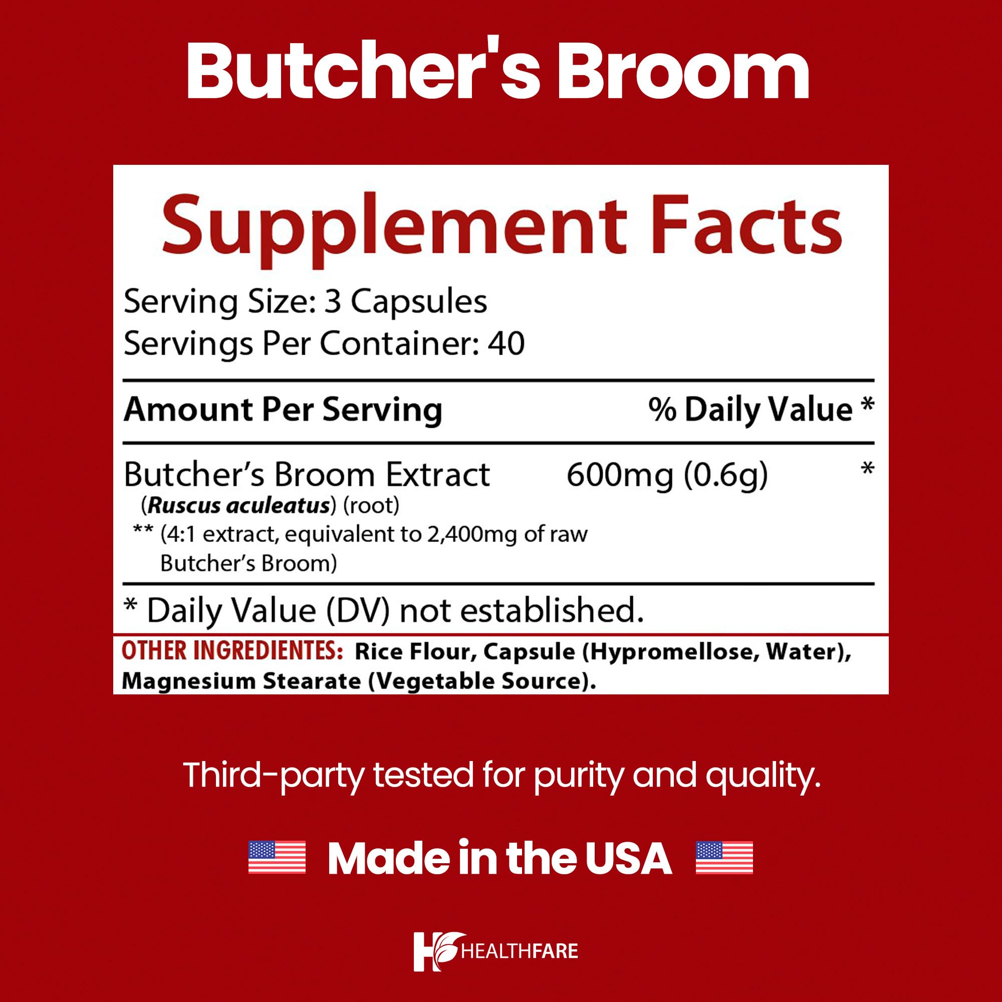 Healthfare Butchers Broom Supplement | Capsules Extract 2400mg | 120 Vegetarian Pills | Premium Herbal Root Supplement | Circulation & Vein Support | Non-GMO, Gluten-Free | Made in USA Healthfare buy supplements canada