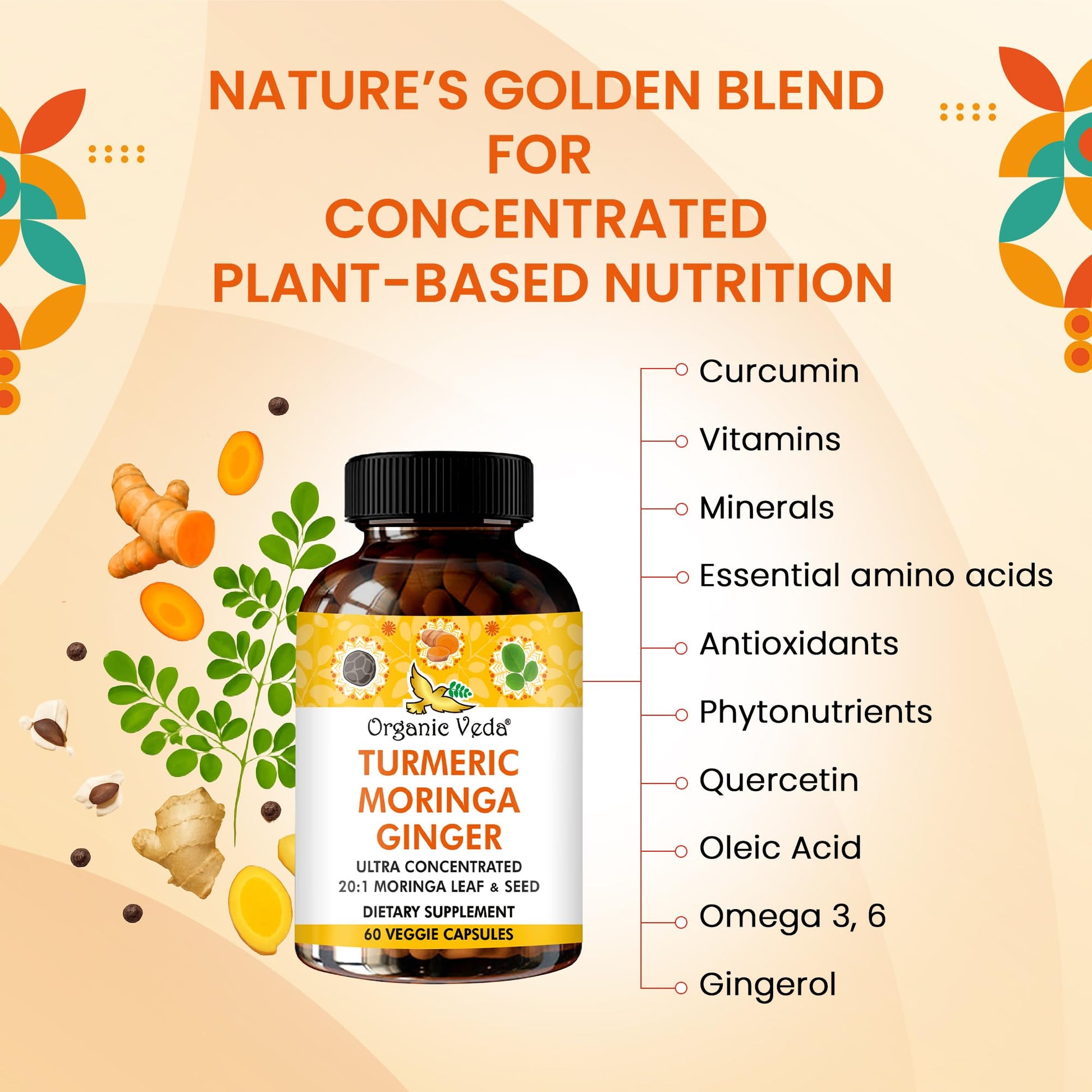 Organic Veda Turmeric Moringa Ginger Capsules - Super Antioxidants & Curcumin Supplement with 20:1 Moringa Leaf & Seed Extract, Black Pepper - Energy, Joints, Heart Health Support - 60 Vegan Pills Organic Veda buy supplements canada