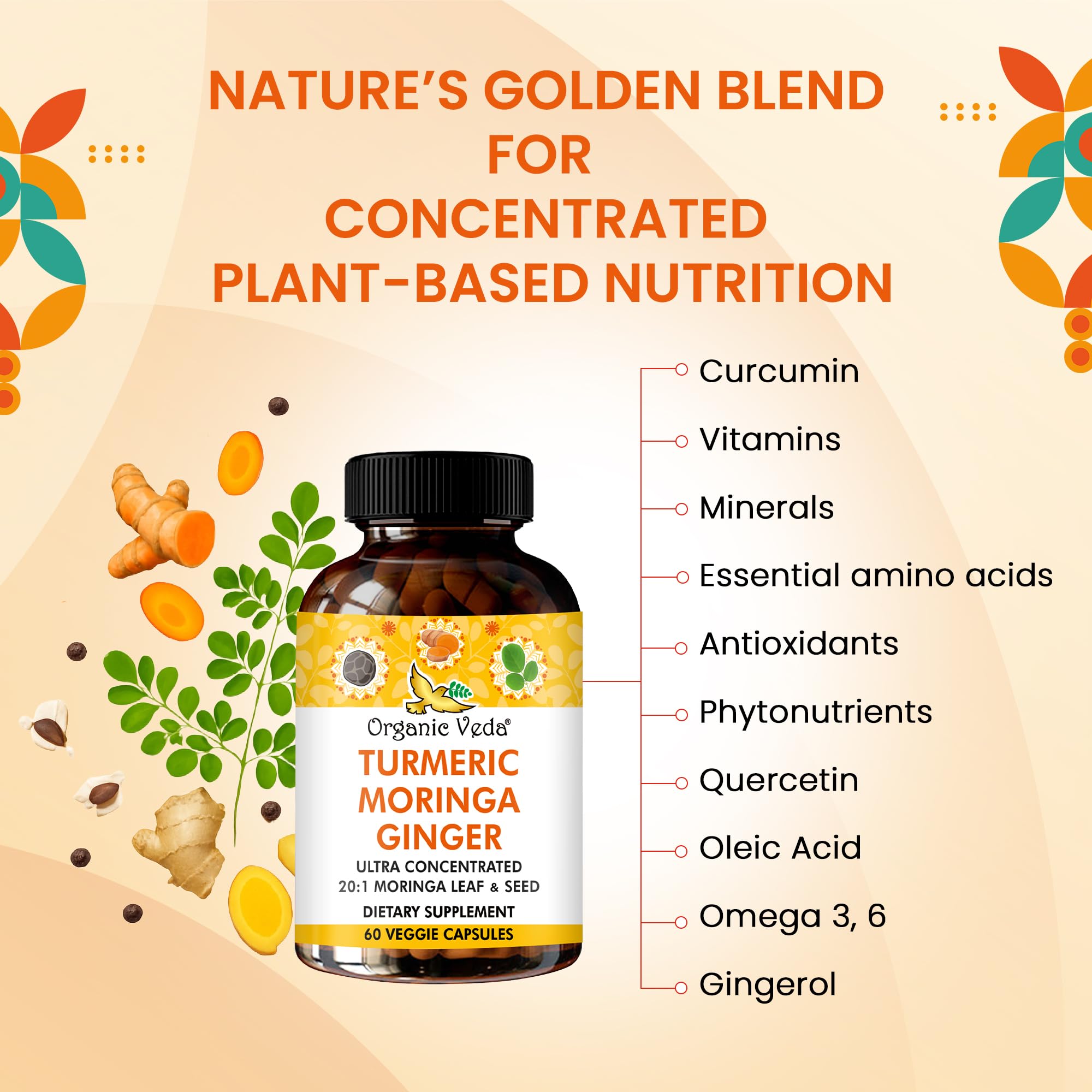 Organic Veda Turmeric Moringa Ginger Capsules - Super Antioxidants & Curcumin Supplement with 20:1 Moringa Leaf & Seed Extract, Black Pepper - Energy, Joints, Heart Health Support - 60 Vegan Pills Organic Veda buy supplements canada