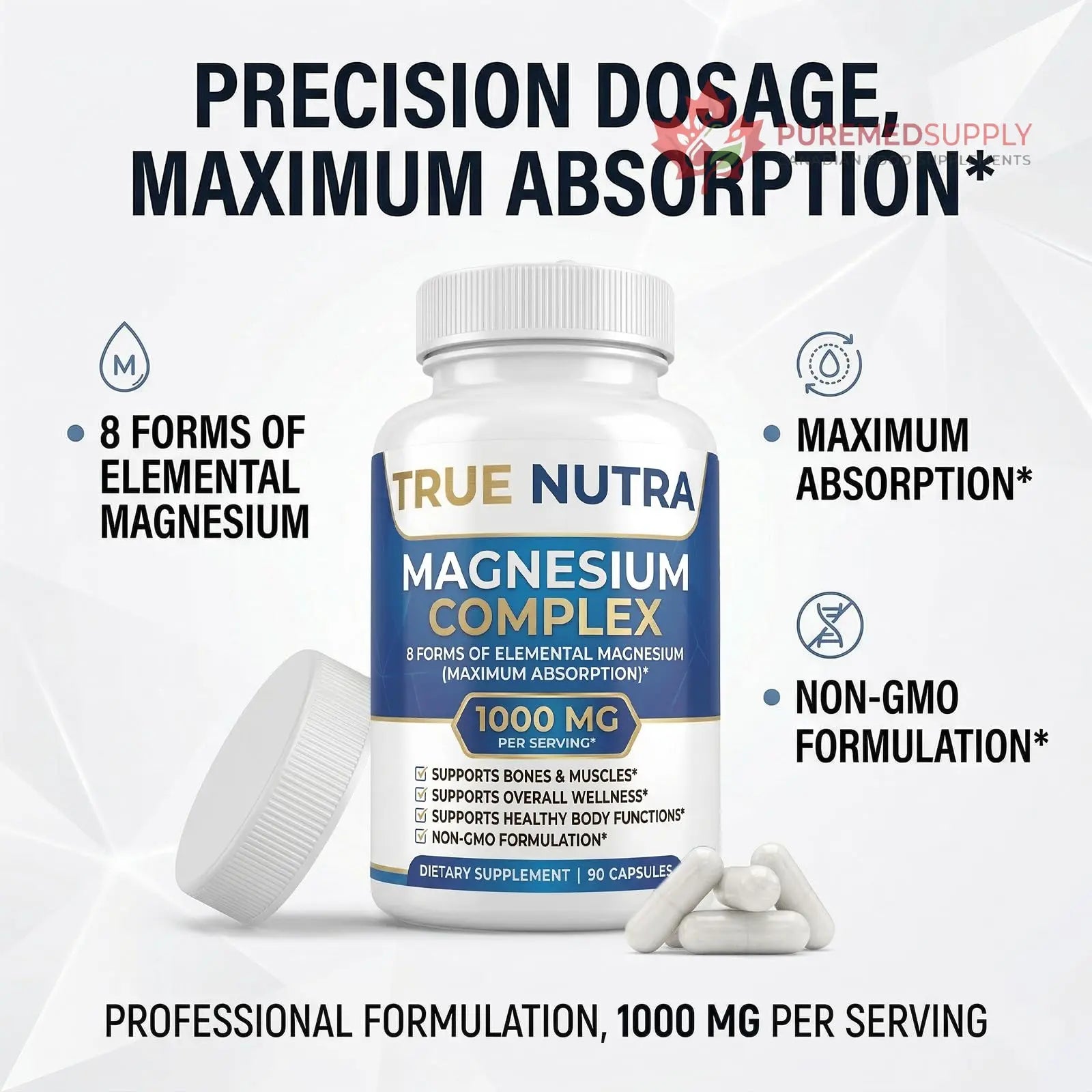 True nutra Magnesium Complex，Advanced 8-in-1 Magnesium Blend，Glycinate, Citrate, Malate, Taurate etc，High Formula，90 Capsules true nutra buy supplements canada