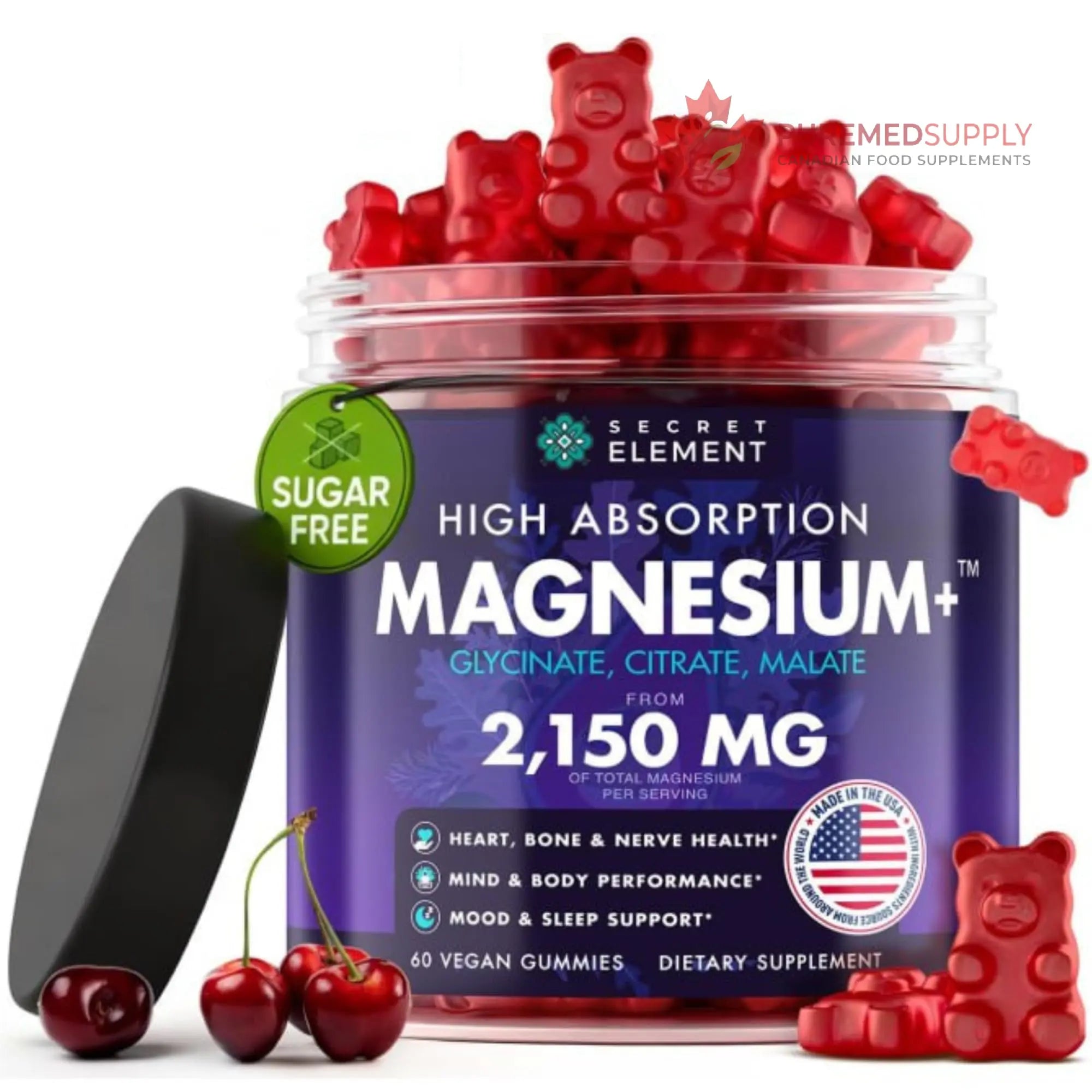 Magnesium Gummies 3in1 - Glycinate, Citrat, Malate 2150 MG High Absorption Supplement, Sugar-Free, Vegan, Chews for Men & Women, Inspired by Wellness Traditions Like Arjuna, 60 Gummies, Cherry Flavor Secret Element buy supplements canada