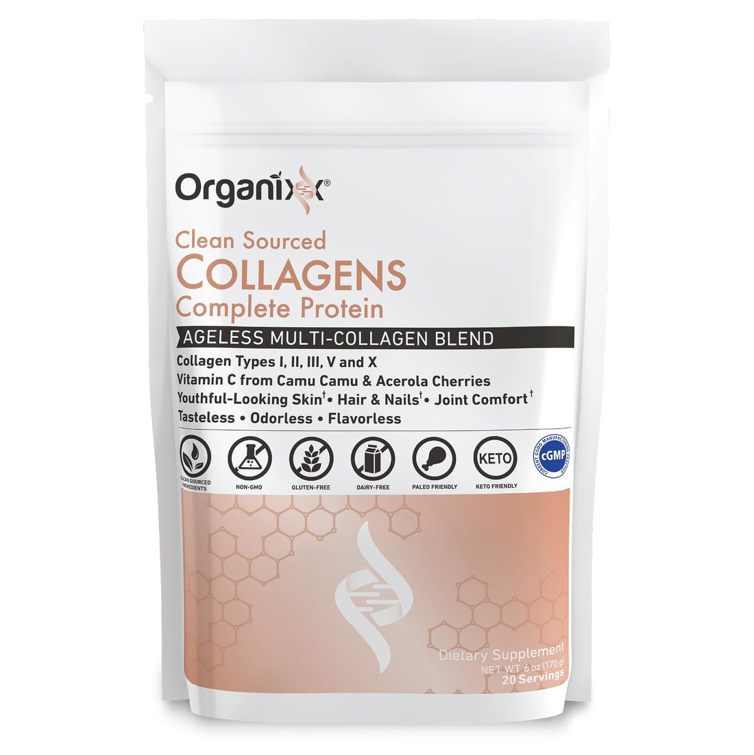 Organixx Clean Sourced Collagen Peptides Powder with Vitamin C, Types I, II, III, V, X Hydrolyzed Collagen, Hair, Nail, Skin, Bone & Joint Health, Aging Support, Gluten Free, Unflavored, 20 Servings Organixx buy supplements canada