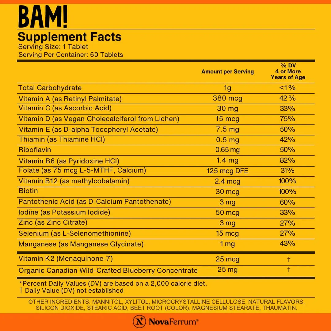 NovaFerrum BAM Chewable Multivitamin for Kids & Adults Ages 4 and Above – Fruit Blast Flavor – 60 Chewable Tablets NovaFerrum buy supplements canada