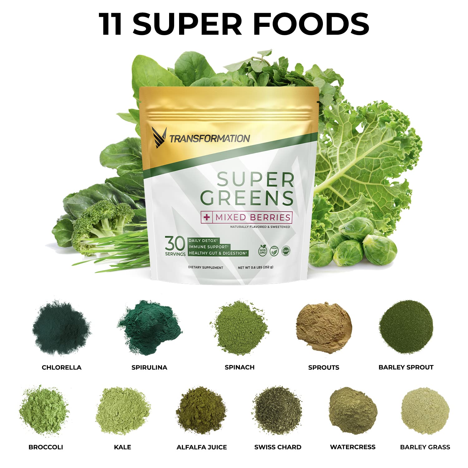 Transformation Super Greens Superfood Green Juice Powder - Immune & Energy Support | Natural Ingredients | Detoxifying & Alkalizing Minerals - Spirulina, Chlorella, Wheatgrass, Spinach, Alfalfa SPR BODY buy supplements canada