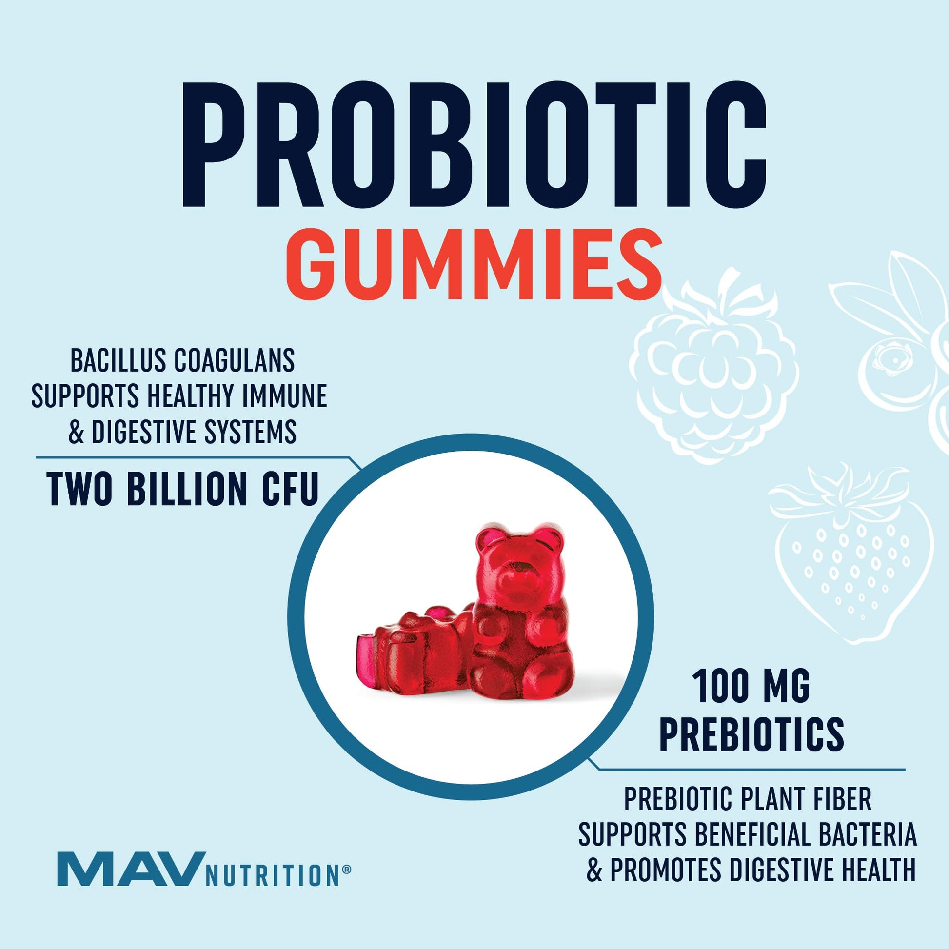 Kids Probiotic Gummies | 2 Billion Probiotics + 100mg Prebiotic Fiber for Immune & Digestion Support | Low Sugar Per Serving | For Children Ages 2+ | Gluten-Free, MAV NUTRITION buy supplements canada
